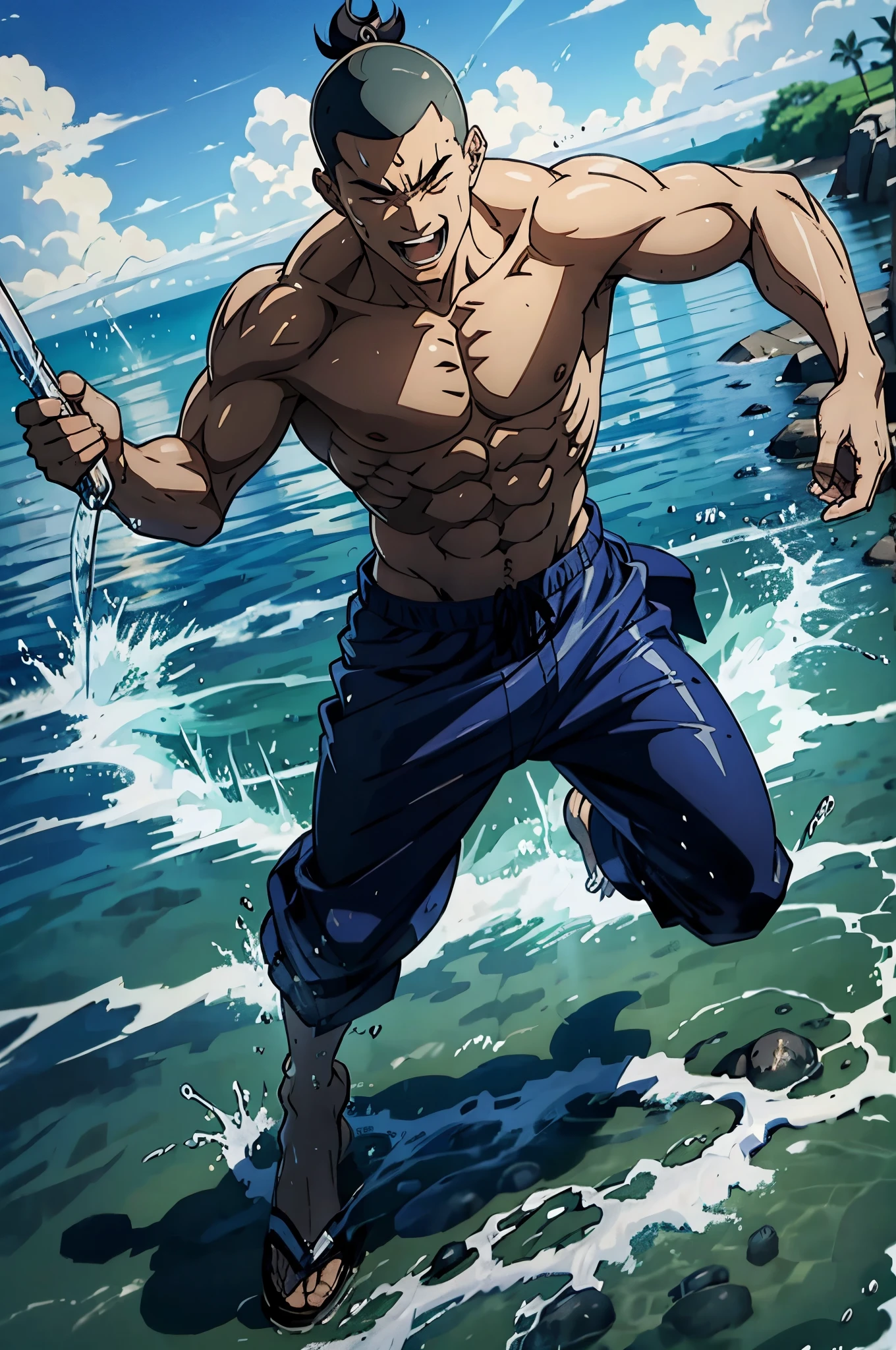 masterpiece, a male monk, battle pose, elemental magic of water, shirtless, smiling aggressively, ((wearing loose long pants and monk shoes)), creating water dagger using his magic, fantasy, anime