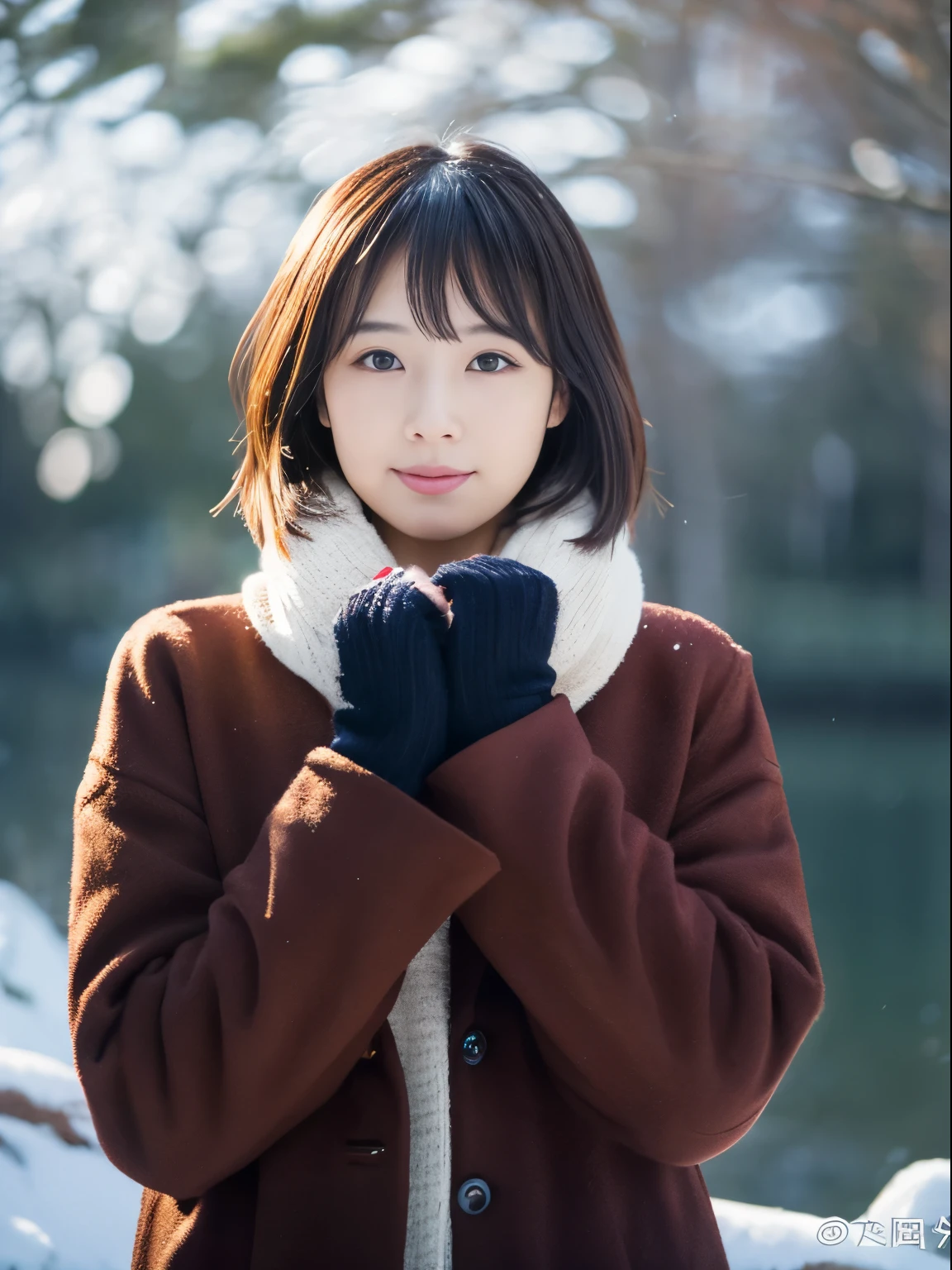top-quality、​masterpiece、超A high resolution、Raw photography、(Photorealsitic:1.4)、1人、While watching the snow falling quietly. Her introspective and tearful expression、Makes you feel longing and melancholy for winter nights。。。。。。。。、top-quality、hyper HD、奈良美智, Japanese Models, Beautiful Japan wife, With short hair, 27yo女性モデル, 4 k ], 4K], 27yo, sakimichan, sakimichan