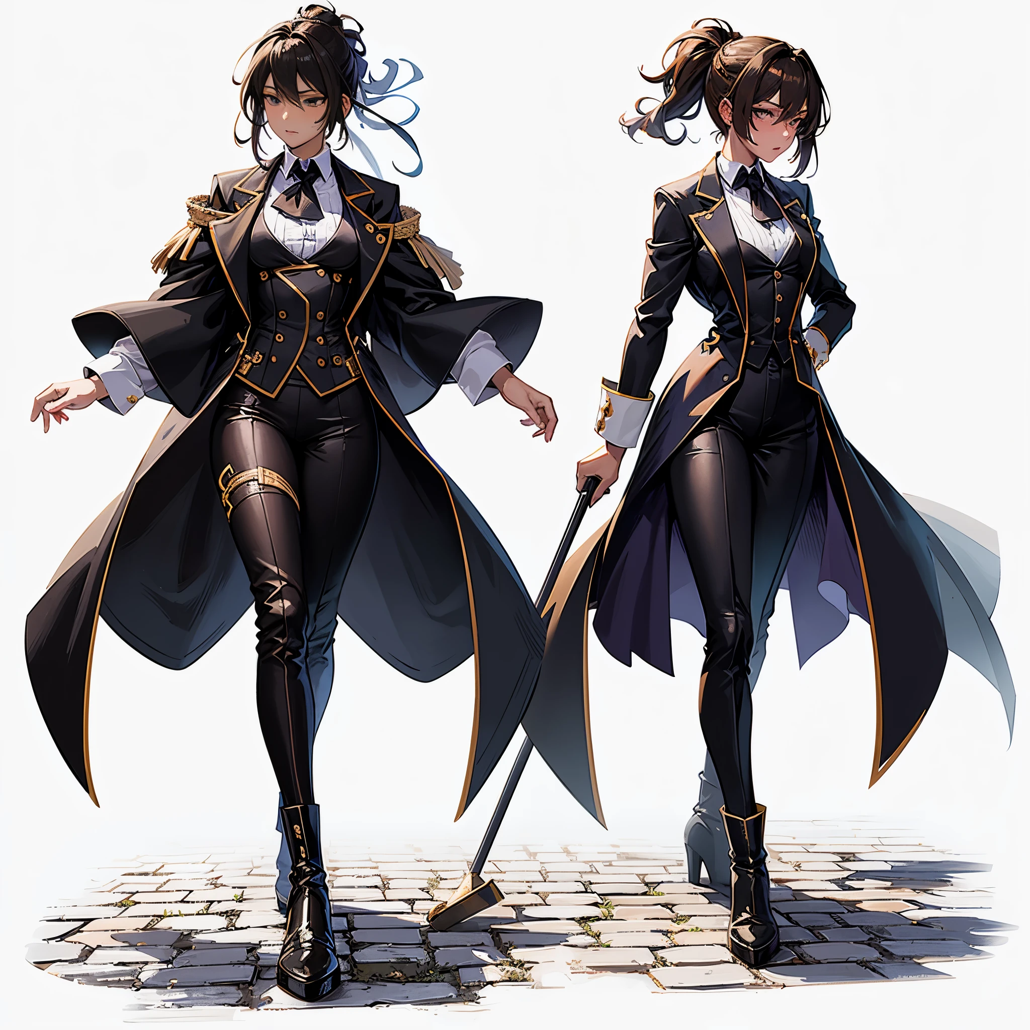 (Masterpiece, Top Quality), (Perfect female Body: 1.2), (Detailed Hair), Ultra-Detailed, Anime Style, Full Length, Solo, wearing male clothing battle butler lady, hair tied in one knot, ((brown skin)) Black outfit, well rounded body shape, On Cobblestone standing, long boots, 8K hi-res, white background, whole body,