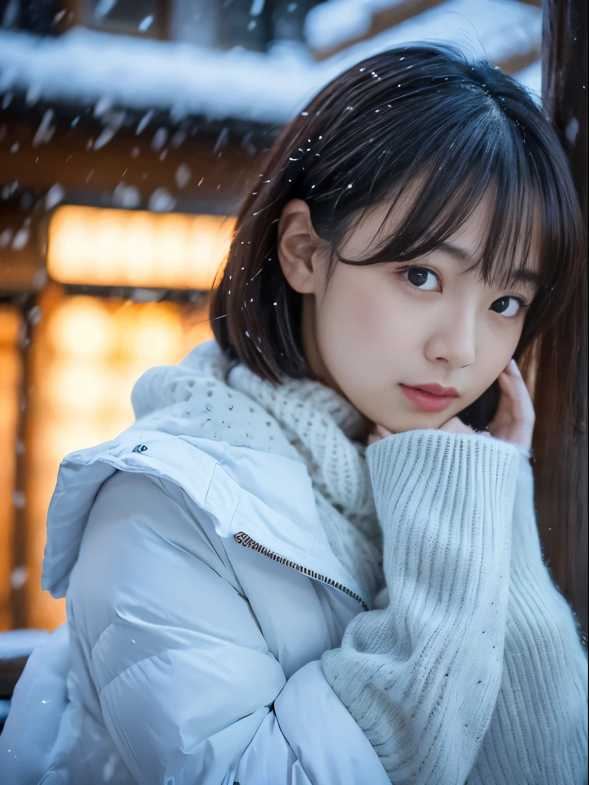 While watching the snow falling quietly. Her introspective and tearful expression、Makes you feel longing for winter nights and melancholy。。。。。。。、top-quality、hyper HD、奈良美智, Japanese Models, Beautiful Japan wife, With short hair, 27yo女性モデル, 4 k ], 4K], 27yo, sakimichan, sakimichan