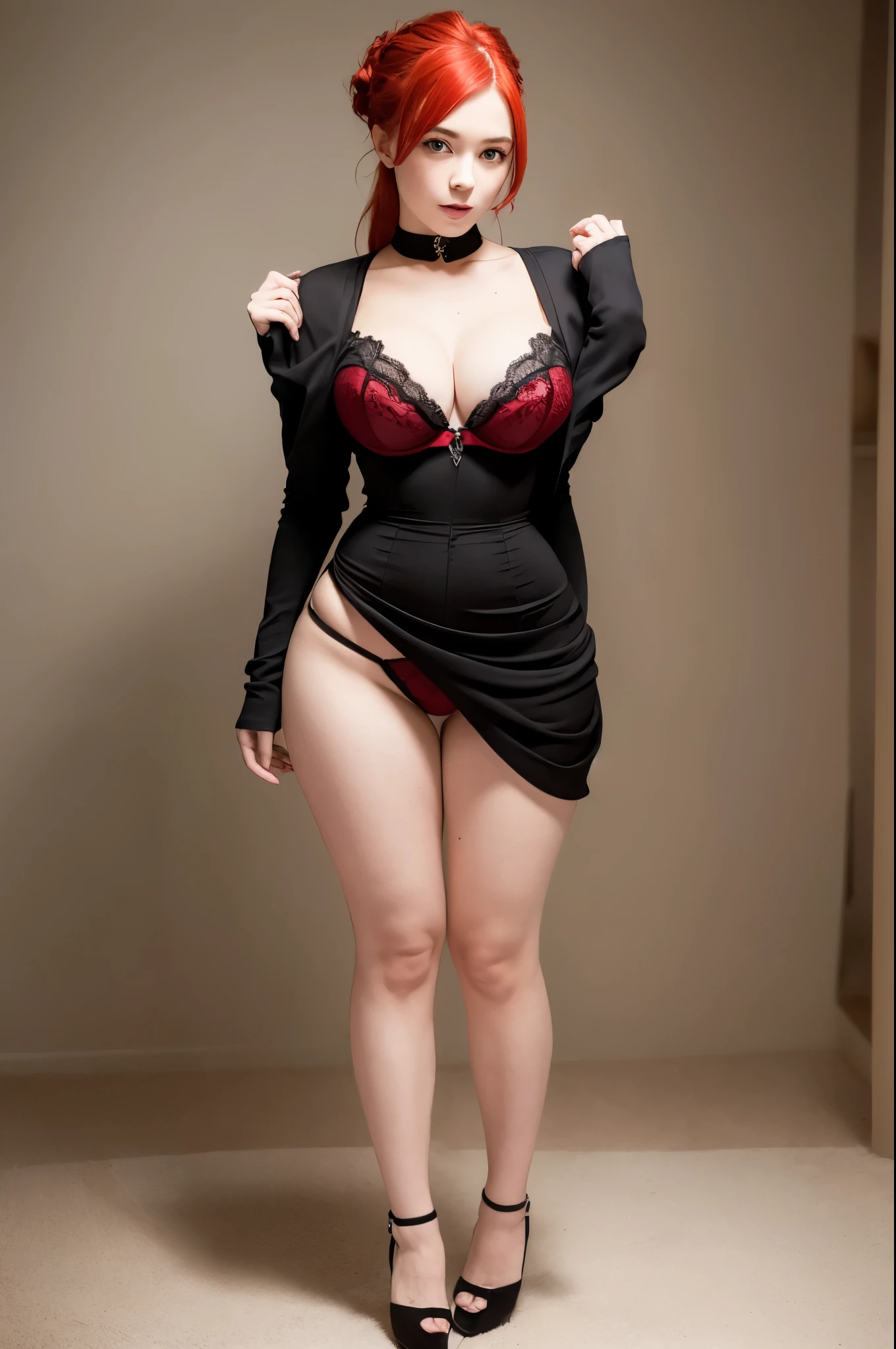Create a series of images that blend modern aesthetics with Victorian charm, featuring a beautiful woman with red hair and green eyes in a red and black corset with matching panties posed in a beautiful flower garden, thin waist, wide hips, round ass, large tits, photo realistic, 16k, nsfw, uncensored, (full body:1.5), seductive, pushup bra, Sexy:3, seductive