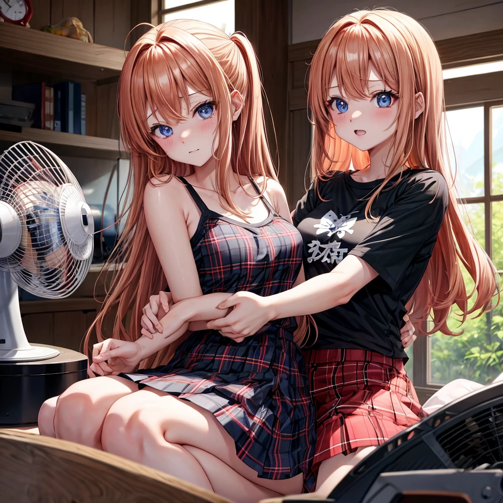 red blonde、blue eyess、one good looking girl、独奏、animesque、Plaid miniskirt、Black T-shirt、camisole、the woods、Sunlight、inside in room、Gah、Frolicking、electric fan、Hugging、ah、being sloppy