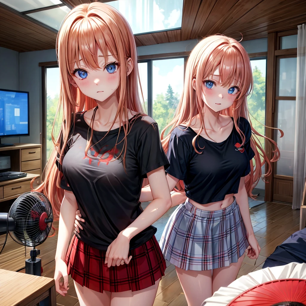 red blonde、blue eyess、one good looking girl、独奏、animesque、Plaid miniskirt、Black T-shirt、camisole、the woods、Sunlight、inside in room、Gah、Frolicking、electric fan、Hugging、ah、being sloppy