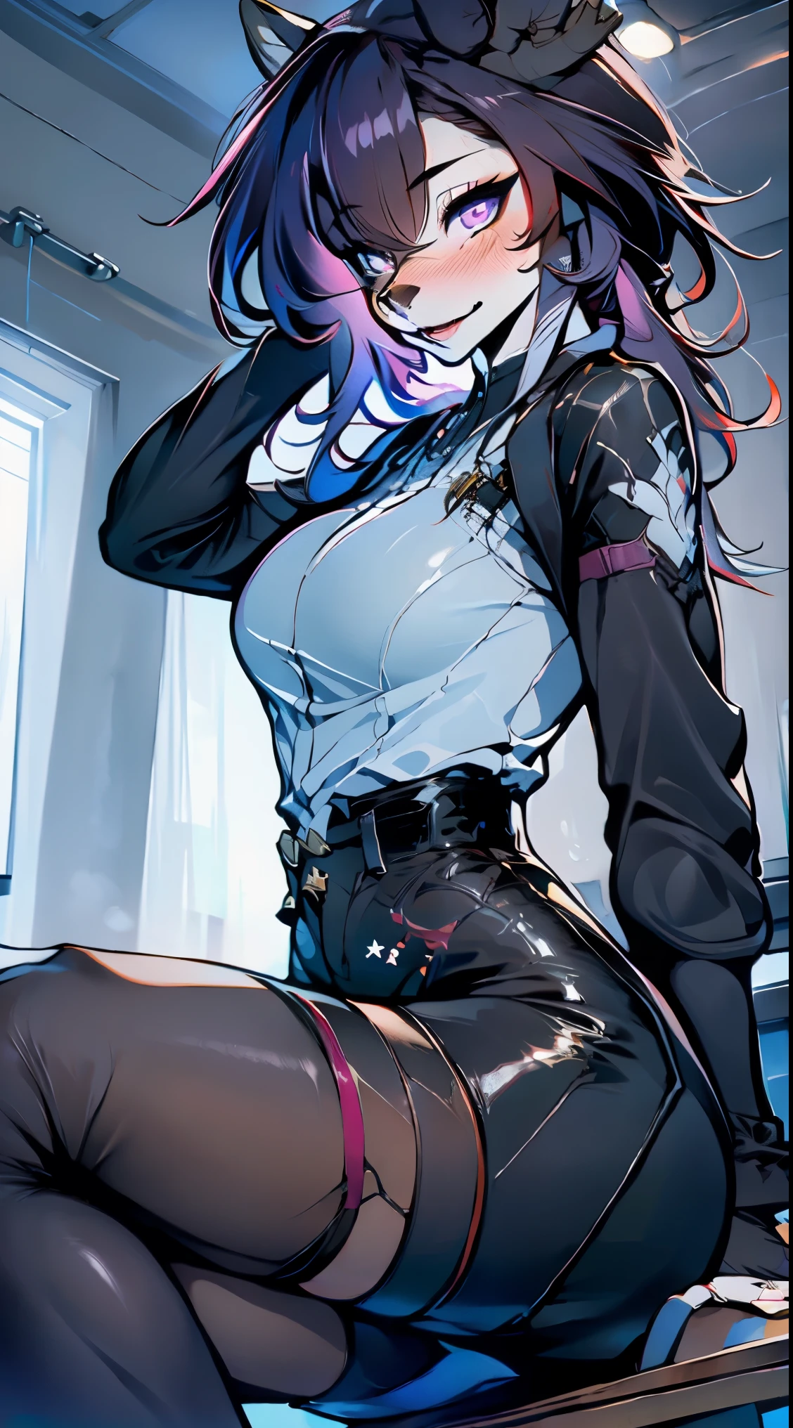 (masterpiece), best quality, expressive eyes, perfect face, (masterpiece), 1girl, furry, anthro, best quality, official, purple eyes, kafka (honkai star rail), purple hair, star-kafka, eyewear on head, sunglasses, pink eyes, tiger ear, bodysuit, body curve,latexsuit, bodysuit, skin tight, hwjsy, tigerstripebodysuit,  kafka, honkai star rail,