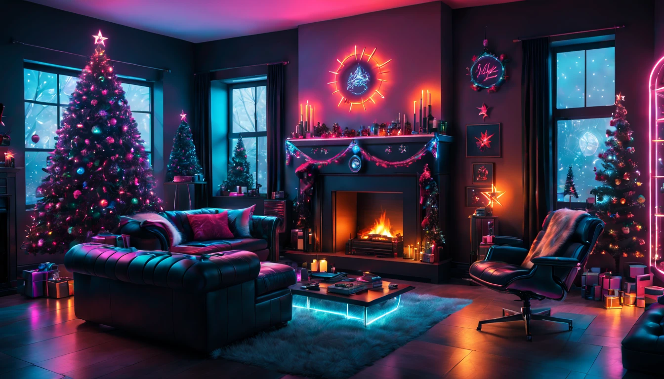 (best quality,4k,8k,highres,masterpiece:1.2),ultra-detailed,(realistic,photorealistic,photo-realistic:1.37),cyberpunk,Christmas-themed,living room,neon lights,punk elements,futuristic furniture,festive decorations,punk Christmas tree,ornaments,glowing,cybernetic implants,sleek,metallic surfaces,glass panels,reflective surfaces,punk-style fireplace,shimmering,punk fashion,high-tech gadgets,sparkling lights,tech-inspired Christmas stockings,vivid colors,enhanced reality projection,musical hologramest.