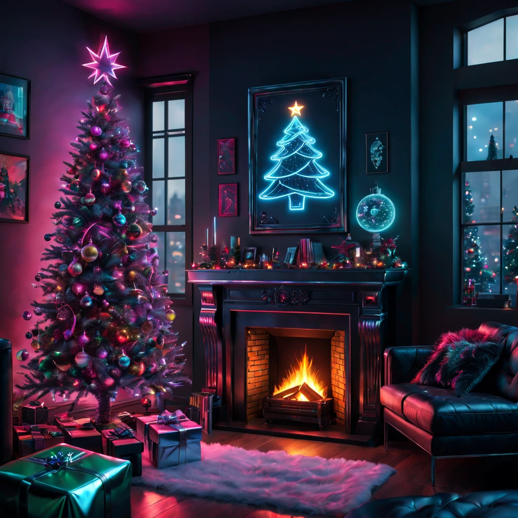 (best quality,4k,8k,highres,masterpiece:1.2),ultra-detailed,(realistic,photorealistic,photo-realistic:1.37),cyberpunk,Christmas-themed,living room,neon lights,punk elements,futuristic furniture,festive decorations,punk Christmas tree,ornaments,glowing,cybernetic implants,sleek,metallic surfaces,glass panels,reflective surfaces,punk-style fireplace,shimmering,punk fashion,high-tech gadgets,sparkling lights,tech-inspired Christmas stockings,vivid colors,enhanced reality projection,musical hologramest.