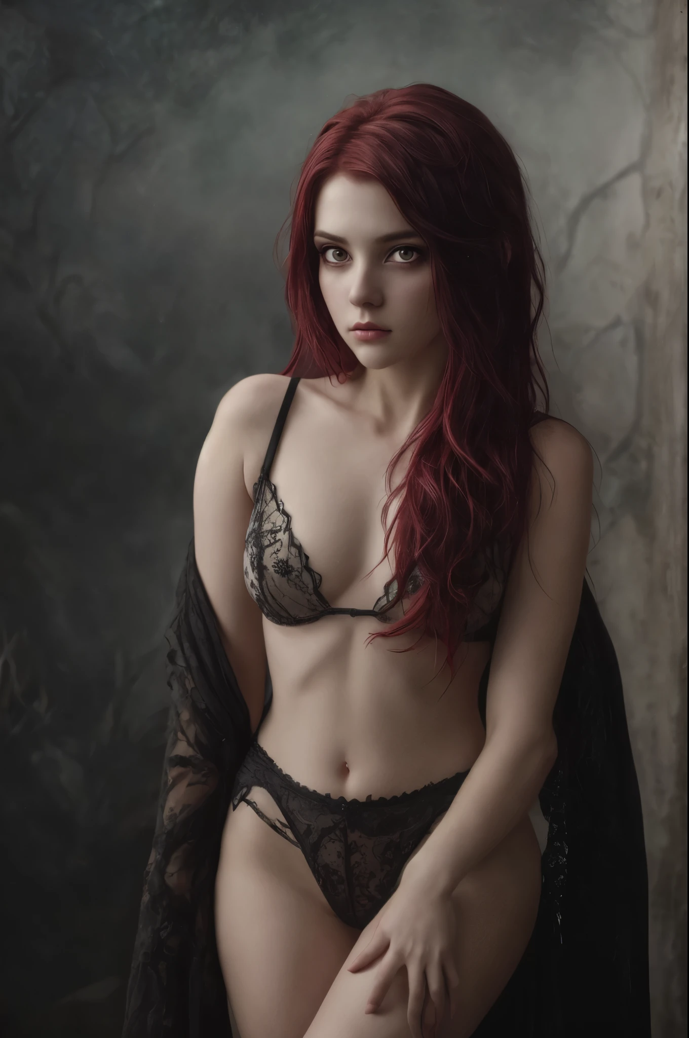 (Realisttic:1.2), analog photo style, cute woman with short black-red multicolored hair, red eyes, (Gloomy and dark atmosphere), soft natural light, faded colours, sexy, great quality, Masterpiece, detailed fantasy background, better performance, 16k quality, HDR, RAW photo