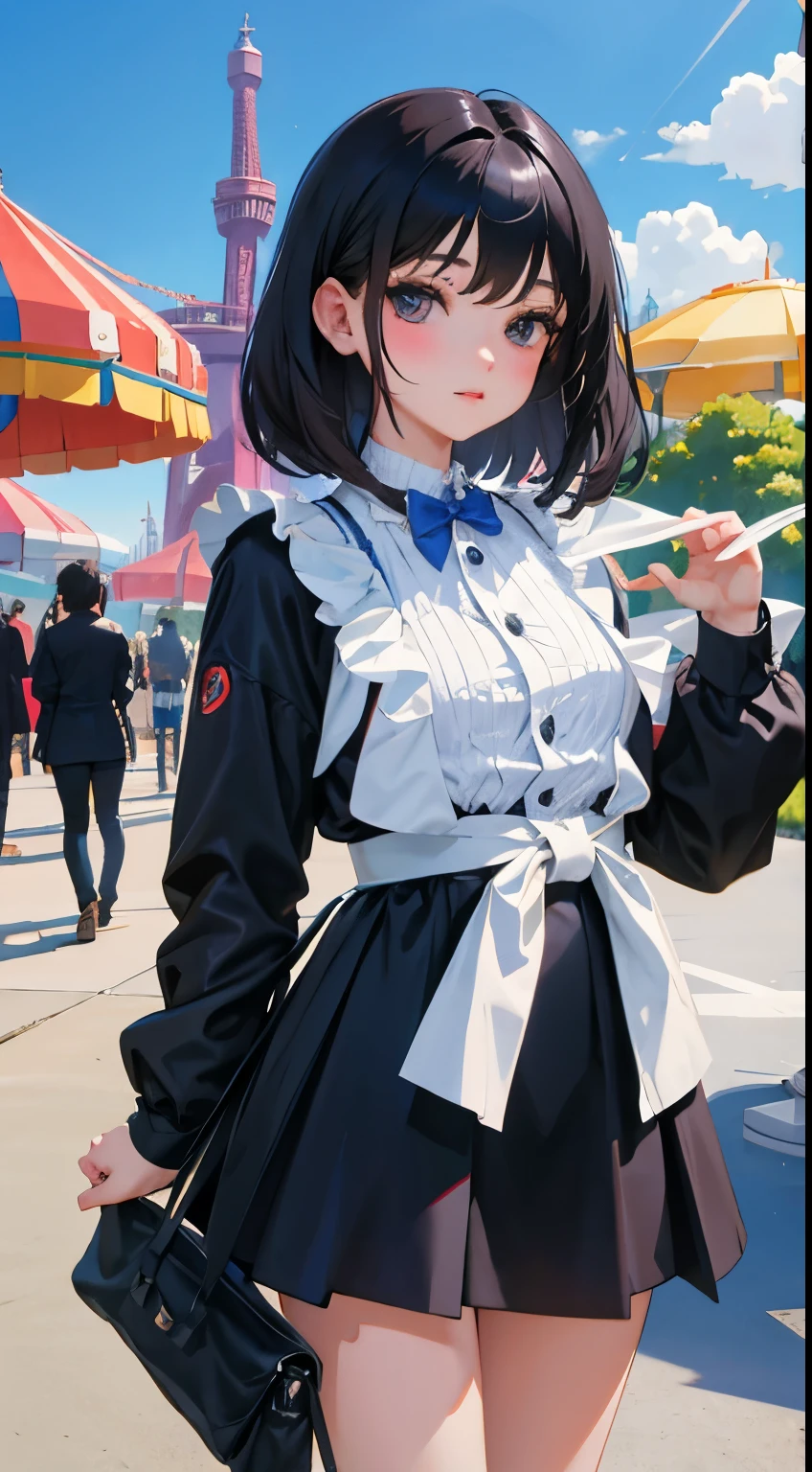 full bodyesbian，(child)，（​masterpiece，Highest Quality），a miniskirt，A dark-haired，An amusement park