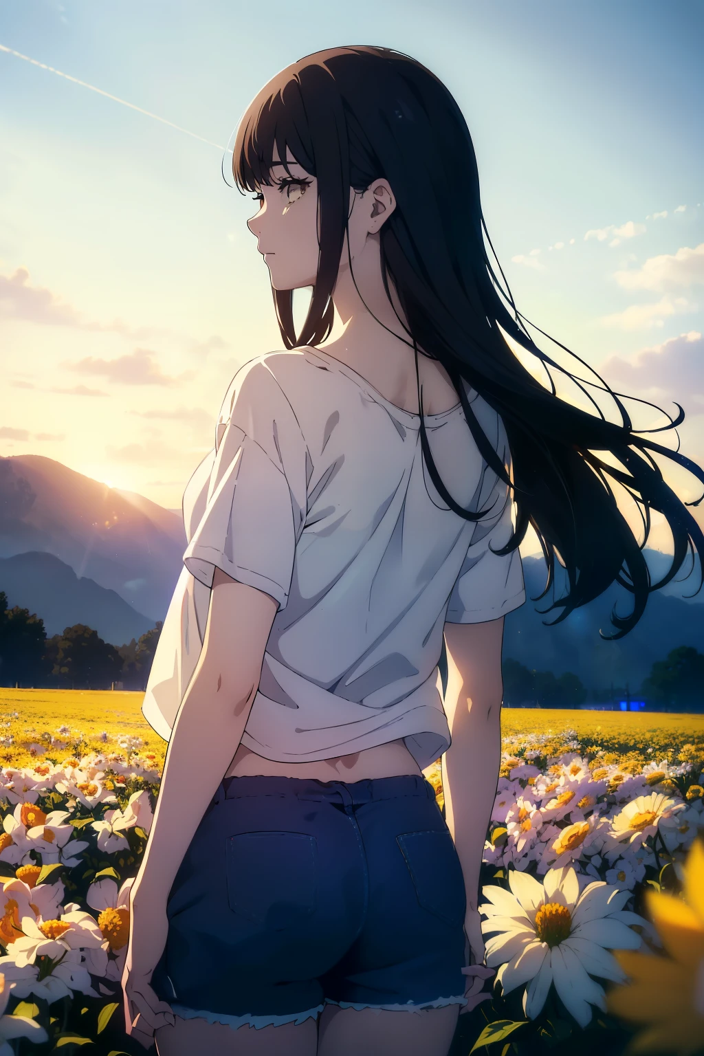 ((((Obra maestra, La mejor calidad, ultrahigh resolution)))), 1girl, standing, (baggy white t-shirt, loose fitting blue shorts, back hair, dark black hair over eye)), long hair cut, pale skin, ((brown eyes)), glowing_eyes, neon eyes, (ultra detailed eyes:0.7, beautiful and detailed face, detailed eyes:0.9), ((centered)), smile, ((wide shot)), facing viewer, (((vibrant background of outside, flowers, bright lighting, summer, sunlight))), flat chested, ((looking at viewer)), ((half closed eyes)), ((perfect hands)), ((head:1, hips, elbows, arms, in view)), (hands behind back), empty eyes, beautiful lighting, defined subject, 25 years old, ((cool looking)),