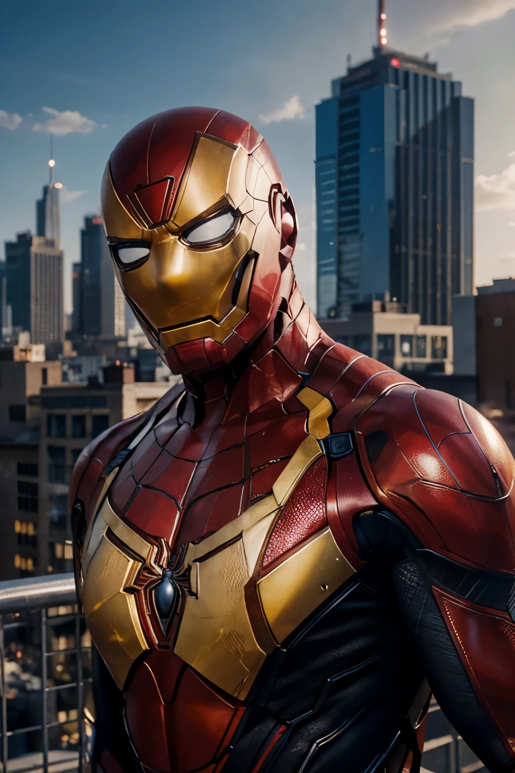 Spider Man, Iron Man,illustration,high detailed,4k,smooth background,camera focus, big and muscular,no face,concept art,character only black and gold color,8k ultra realistic,cinematic style, city on background, day light, future city