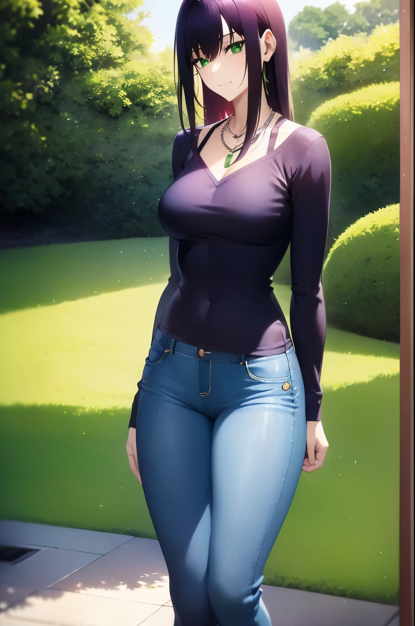 Nice Buddy,JINS,jeans,Blue Pants,Anime Best Girl, (Anime Girl), Beautiful girl anime visual, Smooth Anime CG Art,anime portrait,beautiful anime high school girl,A seductive anime girl, anime visual of a young woman, Anime Best Girl, anime girl with long hair and green eyes,A seductive anime girl, nffsw,hiquality,nffswと 8K を接続する, hight resolution,Very detailed CG, High quality shadows, Detail Beautiful delicate face, ディテール美しいDelicat eyes,BREAK(((非常に詳細な8Kの壁紙))),Makima (chain saw man),Sukasaha (Fate/grand order),Shimohira Reihua ,Hi-Res,Very delicate and beautiful CG illustration,top-quality,beautiful thigh,big breasts thin waist,masuter piece,(((masutepiece))), (((Best Quality))),8K,32K,​masterpiece,beautiful alluring anime woman,ultra-definition,ultra-detailliert,hight resolution,a hyperrealistic schoolgirl,masuter piece, Best Quality, High quality, High Definition, high quality texture, high quality shadow, high detailing,finely detail,A teenage girl,1girl in,High school students,Solo,Soio,Only one person,Alone,One Person,taki,Mature atmosphere,Leg length,neat and long legs,8 Head Body,stature:171cm,Mature girls,Reddish-purple hair,Reddish-purple hair,Purple hair,cassis colored hair,silky and smooth hair,Colorful hair,Straight hair,Smile,Cool Beauty,Beautuful Women,Neat face, Beautiful realism,Seductive look,Bewitching look,serene expressions,beautiful hairl,彼女は首にNecklace身に着けています,Necklace,bead necklace,magatama accessories,A slight smil,Colorful eyes,green colored eyes,Jade-colored eyes,beautidful eyes,Bright eye,Delicat eyes,Eyes Like Gems,Jade Eyes,Hanging eyes,(Green eyes:1.5),Seductive face,Watching the viewer,Model photo,simple background,Black hair, longeyelashes, lightsmile, Reddish-purple hair, cassis colored hair, Hairpin, lightsmile, Seductive smile, Jade-colored eyes, PUPILS SPARKLING, Hanging eyes, multicolored eyes, Anime style, Hyper-Realism, Realism, Anime, 8K, Super Detail, ccurate, Best Quality, Anatomically correct, ccurate, nffsw, hight resolution, Best Quality,JINS,jaket,denim pant,Shorts,white  shirt,Plain clothe,Watching the viewer,Looking at the camera,Plain clothe,((ブラック ローライズ スキニー ロング JINS)),hooded sweatshirt,((Sweatshirt)),Sunlight,blue-sky,stroll,Bustling street,is standing,