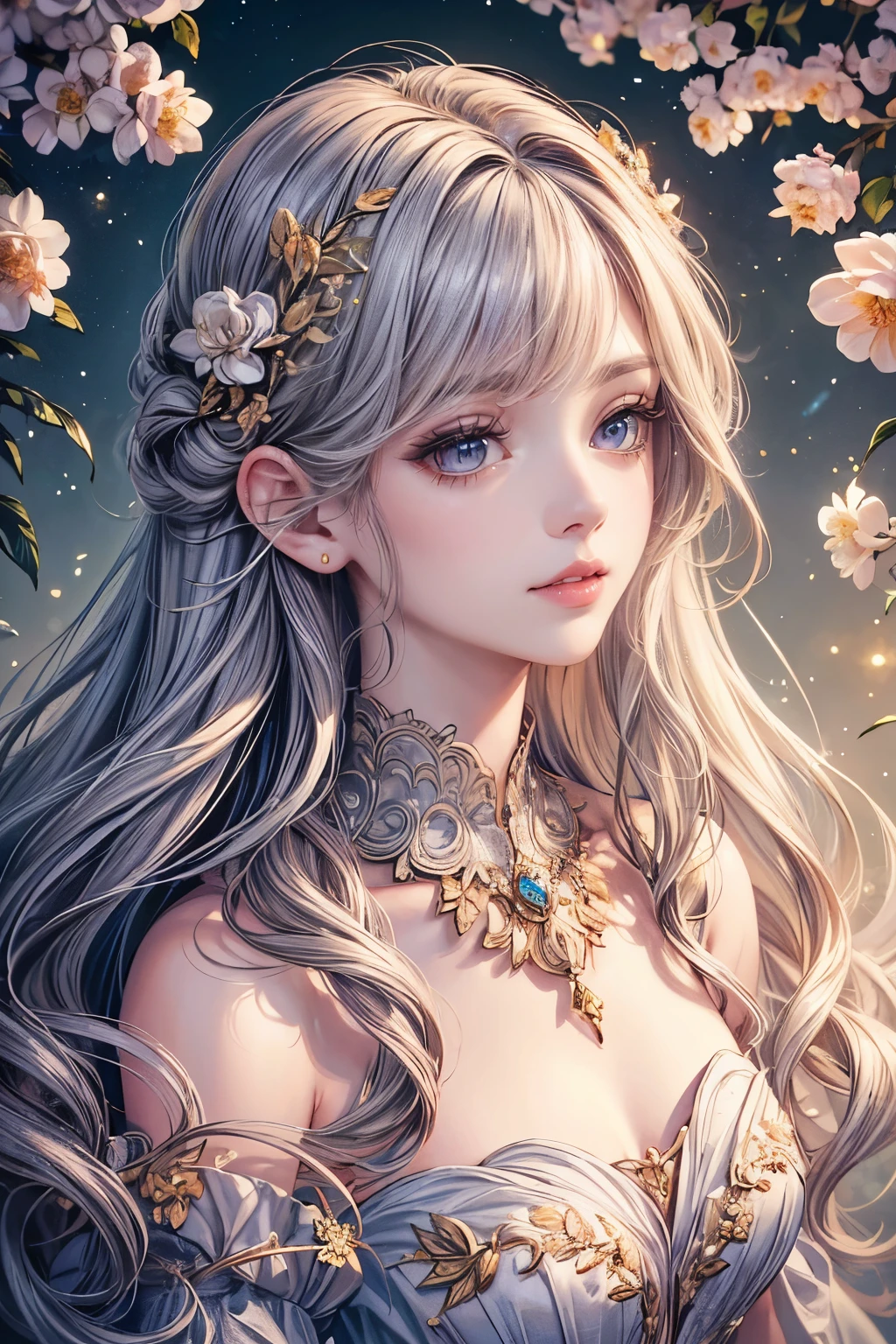 (best quality,8K,CG),detailed upper body,solitary girl,floral forest background,complex facial features,elegant long curly hair,almond-shaped big eyes,detailed eye makeup,long eyelashes,twinkling stars,exquisite lip details,soft and harmonious style.