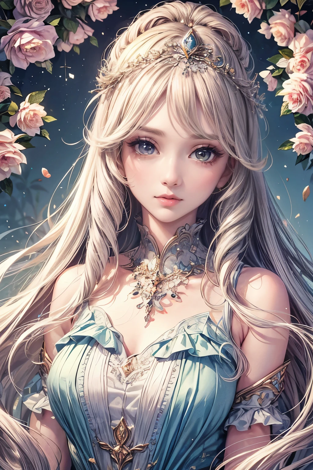 (best quality,8K,CG),detailed upper body,solitary girl,floral forest background,complex facial features,elegant long curly hair,almond-shaped big eyes,detailed eye makeup,long eyelashes,twinkling stars,exquisite lip details,soft and harmonious style.