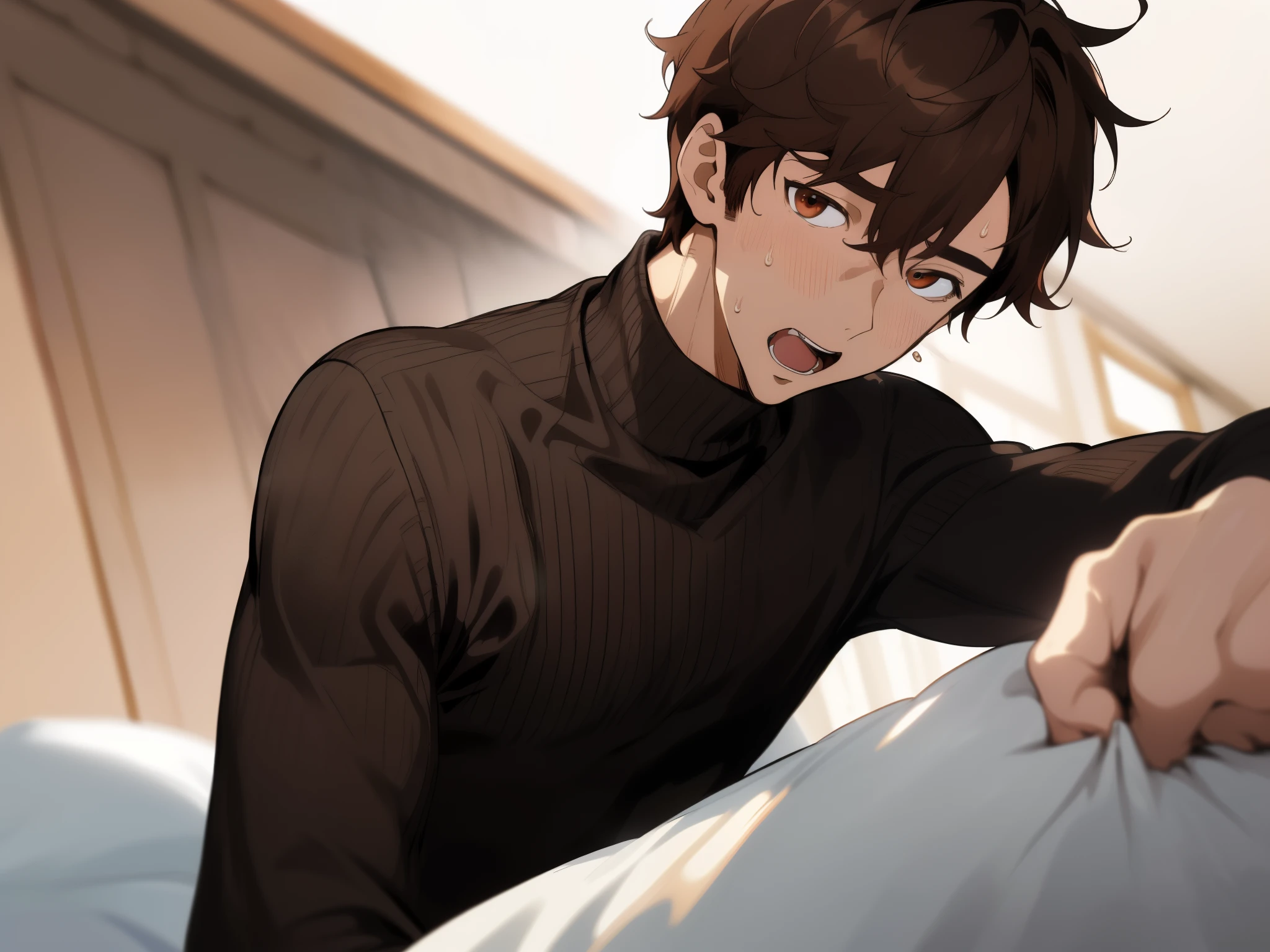 (Dynamic Angle,absurderes、hight resolution、ultra-detailliert),upper body, close up,ムラムラ,Sweaty,1 male,a handsome、opened mouth,Black sweater,extra very short hair、Brown hair、eyes are brown,Background Hotel,a bed,a handsome、Angle from below,Push your audience down