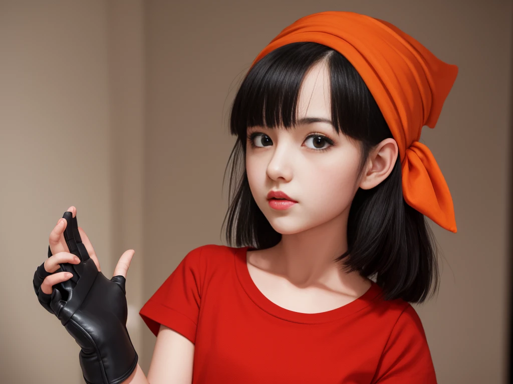 best quality, (masterpiece),(ultra-detailed), (high quality), (high resolution), 1girl, black hair, black eyes,  brapan,  gloves,  short hair, red shirt, solo,bandana,