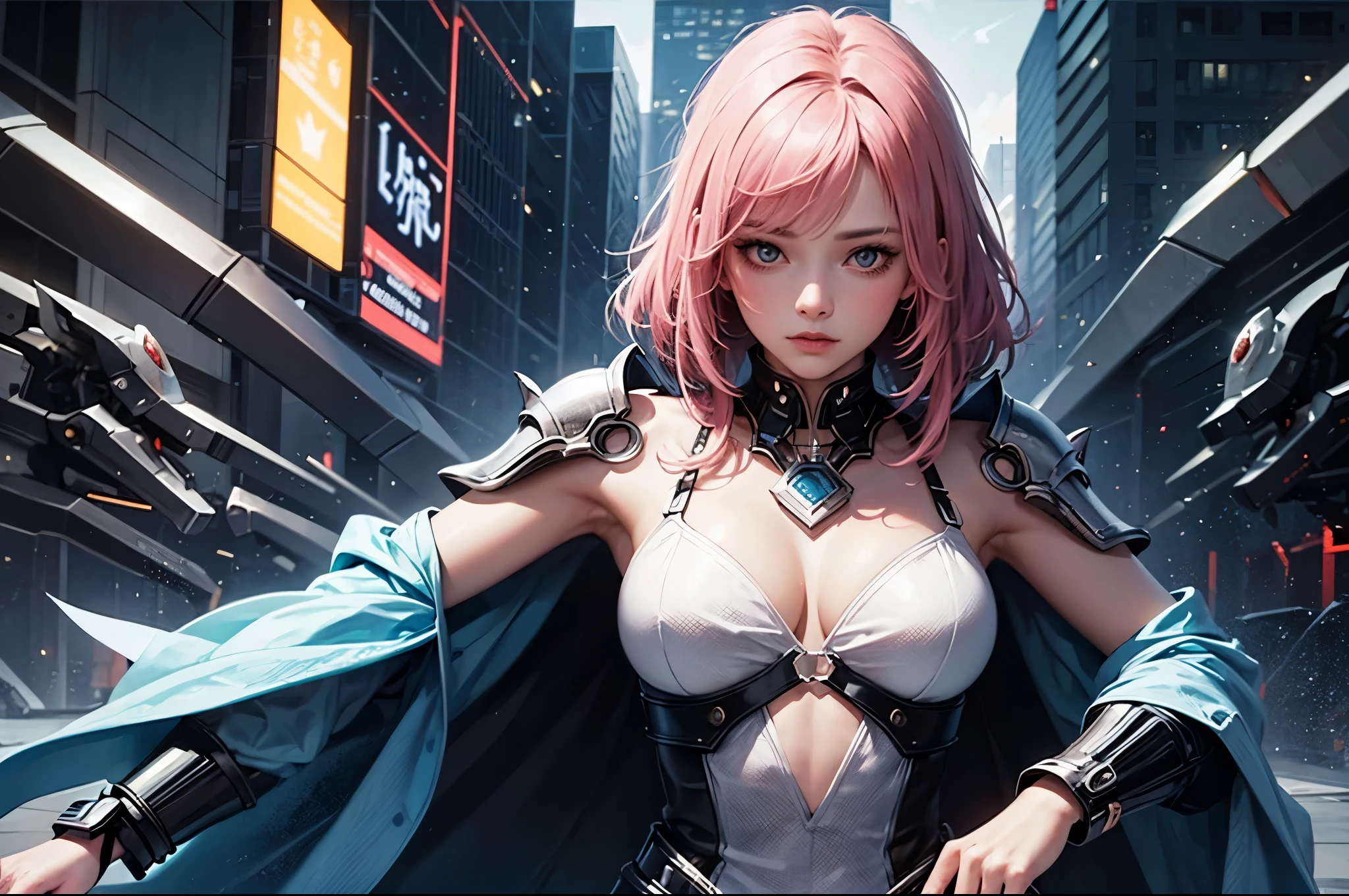 girl in cyberpunk world、body surrounded by machines、golden colored、argent、fe、blanche、Intricate details、Detailed body、Background for the future、electronic、A pink-haired、Beautuful Women、