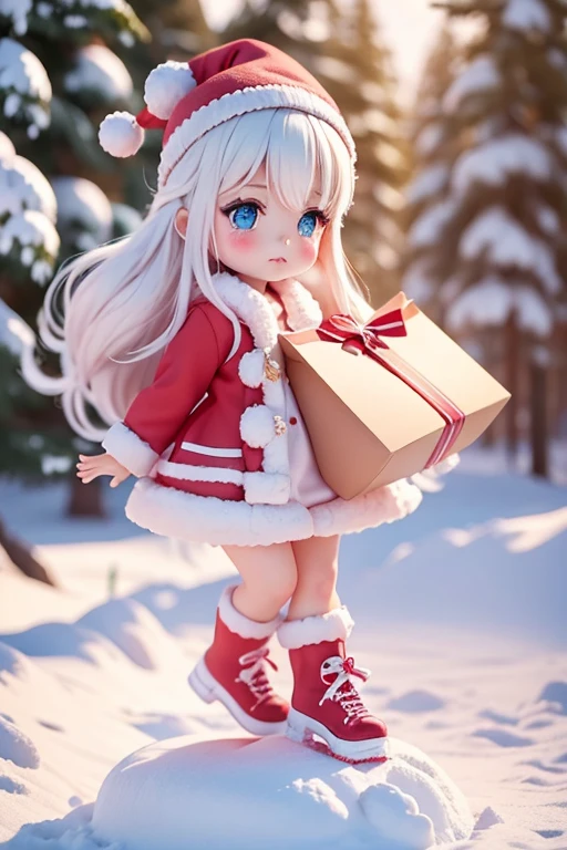 Santa Claus happily carrying gifts、Santa Claus is a pretty girl、Chibi doll、estrellas en los ojos(Kirakira)、Ojo hacia arriba、laugh、Cute crisp red shoeoco, Ultra detalle, Luz radiante、Bio luminiscente、Paisaje nevado、It's snowing、Montar en snowboard、Dibuja un copo de nieve grande en primer plano、tomado de un lado、Stronger bokeh effect