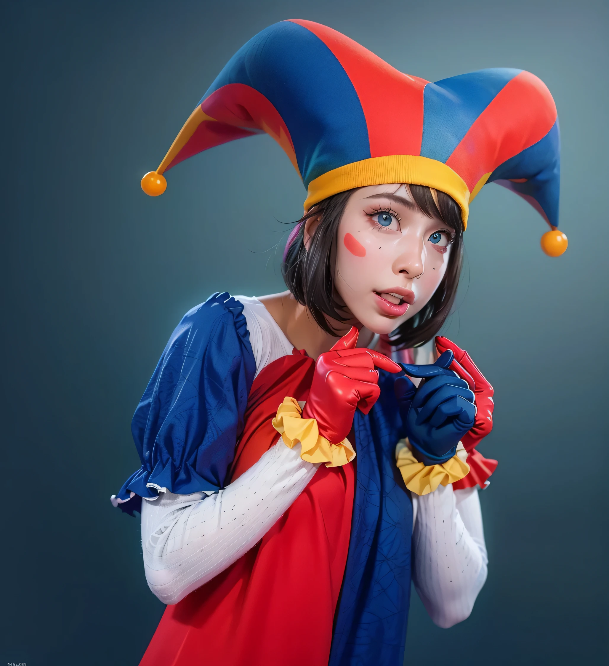 Clown girl with cute, glossy costume in red, blue, yellow, and white. Her outfit shines under the spotlight, reflecting a playful and vibrant atmosphere. Her hair impeccably styled, with a glossy finish that adds to her charm. Her facial expression radiates fear. Her eyes, delicate and detailed, sparkle with excitement. Her lips, beautifully shaped, add a touch of sweetness to her overall appearance. The image of the highest quality, ensuring every detail showcased perfectly. It in 4k resolution, allowing viewers to immerse themselves in the richness of the colors and intricate details. The realistic rendering brings the clown girl to life, her feel tangible and present in the artwork. The background dark, creating a contrasting backdrop that accentuates the girl's vibrant presence. The subtle rim light highlights the contours of her figure, adding depth and dimension to the composition. This artwork combines the elements of a clown girl, glossy costume, beautiful hair, high-resolution image, realistic rendering, dark background, and rim light. The result a visually captivating piece that captures the essence of joy and whimsy, inviting viewers into a world of enchantment and laughter.