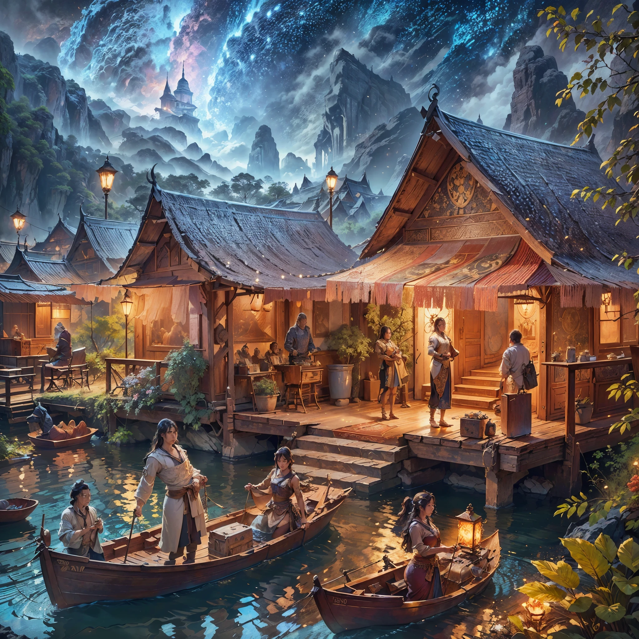 arafed scene of a river with a boat and people on it, thailand art, beautiful digital artwork, 4k highly detailed digital art, by Johfra Bosschart, traditional art, detailed fantasy digital art, 8k stunning artwork, fantasy scene, digital fantasy art ), oriental scene, wide angle fantasy art, symmetrical epic fantasy art, realistic fantasy render, beautiful depiction, masterpiece, best quality:1.2),,(8k,highres,RAW photo,realistic,photo-realistic:1.3),(detailed skin texture,detailed cloth texture,beautiful detailed face:1.25),professional lighting,photon mapping,beautiful soft light,radiosity,physically-based rendering,raytracing, model shoot style, model shoot style, (extremely detailed CG unity 8k wallpaper), full shot body photo of the most beautiful artwork in the world,