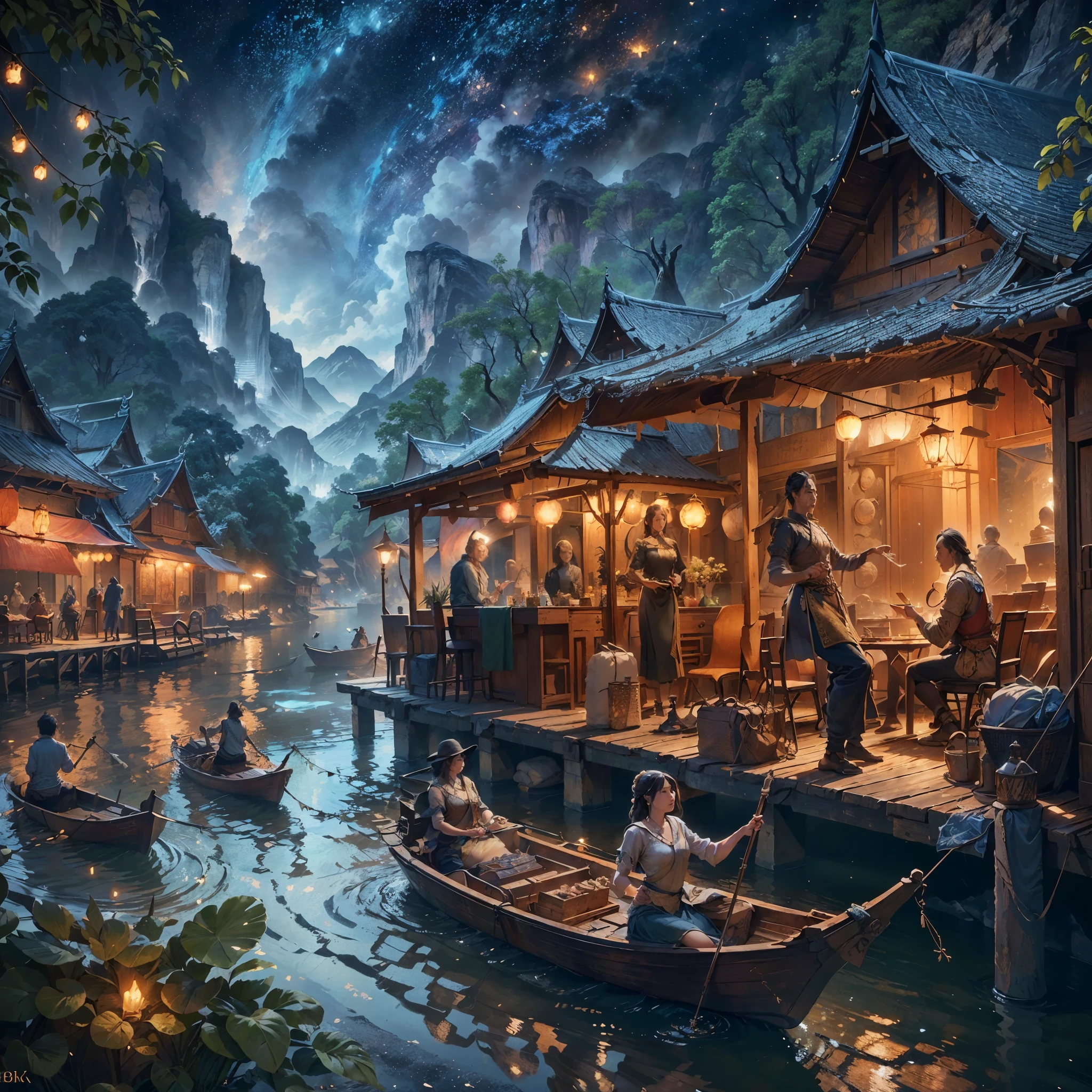 arafed scene of a river with a boat and people on it, thailand art, beautiful digital artwork, 4k highly detailed digital art, by Johfra Bosschart, traditional art, detailed fantasy digital art, 8k stunning artwork, fantasy scene, digital fantasy art ), oriental scene, wide angle fantasy art, symmetrical epic fantasy art, realistic fantasy render, beautiful depiction, masterpiece, best quality:1.2),,(8k,highres,RAW photo,realistic,photo-realistic:1.3),(detailed skin texture,detailed cloth texture,beautiful detailed face:1.25),professional lighting,photon mapping,beautiful soft light,radiosity,physically-based rendering,raytracing, model shoot style, model shoot style, (extremely detailed CG unity 8k wallpaper), full shot body photo of the most beautiful artwork in the world,