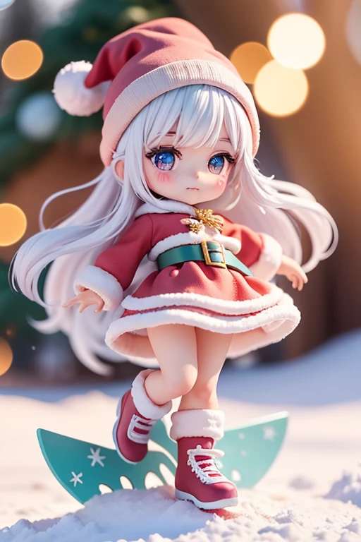 Santa Claus happily carrying gifts、Santa Claus is a pretty girl、Chibi doll、estrellas en los ojos(Kirakira)、Ojo hacia arriba、laugh、Lindo shoeoco rojo crujiente, Ultra detalle, luz radiante、bioluminiscente、paisaje nevado、Es nieve en snowboard、Dibuja un copo de nieve grande en primer plano、tomado de un lado、Stronger bokeh effect
