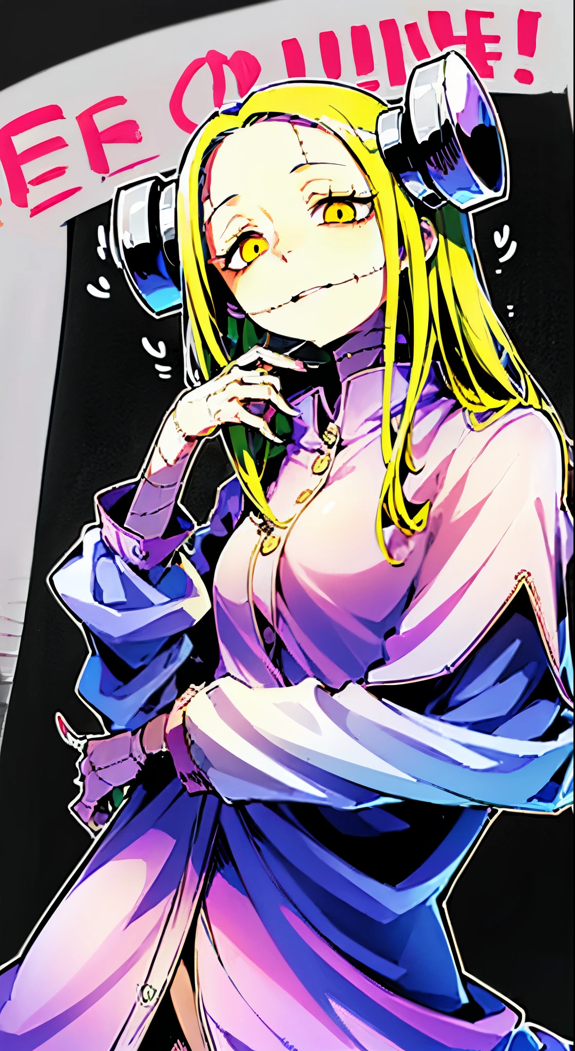 Madaraki_Fran,A girl ,(((Laughs a lot))),Happy,brush your teeth,the madhatter ,surgeon ,Clean hands, hairlong , yellow hair,seams , Scars on the body , A creepy look , scary eyes , An intimidating look , creepy smile , bags under eyes, ((((Tired)))),Gesugao's face