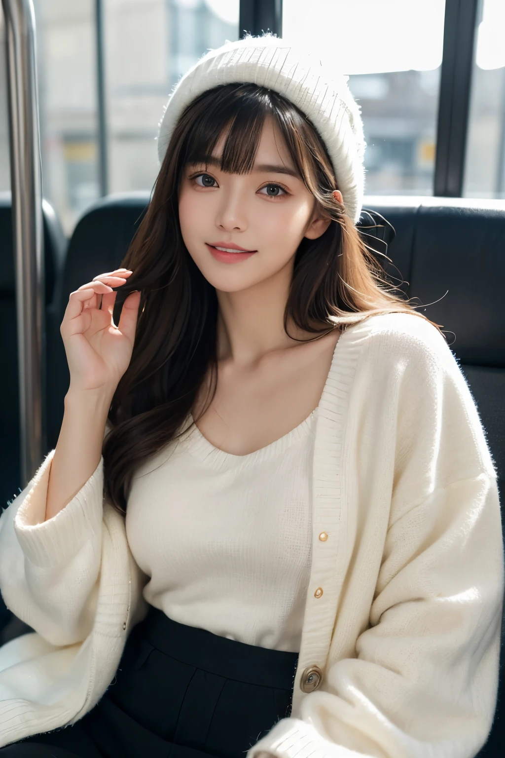 (masutepiece:1.3), High resolution, ultra-detailliert, the Extremely Detailed CG Unity 8K Wallpapers, Realistic, photo-Realistic, Raw photo, beautifull detailed face, pale skin, Realistic skin, Detailed Cloth Texture, detailed hair texture, perfectly proportions, Beautiful face, 准确, Anatomically correct, Highly detailed face and skin texture, Natural neck length, (beautiful hand air skin:1.2), thin legs, Thin feet, Detailed eyes, Symmetrical eyes, Light brown eyes, Double eyelids, Thin eyebrows, (Glossy lips:1.4), (Goddess smile:1.2), 
BREAK, 
(Classy and cute girl:1.3), 
(medium large breasts), (Slender figure:1.2), 
(dark brown hair, Wavy Hair), ((Long hair, asymmetrical bangs:1.2)), (upperbody shot:1.2), 
 (On the bus: 1.2),bus guide、natta、cold winter season、Winter fashion、outer、Hats、Sweaters