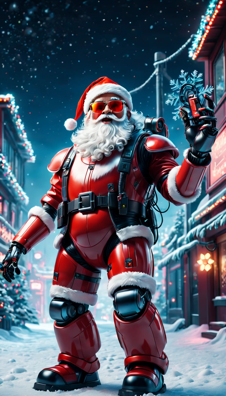 cybernetic Santa Claus, robotic arms with intricate details, futuristic exoskeleton suit, glowing red sunglasses, wear Christmas hat,metallic beard and hair, hovering with anti-gravity technology, neon lights illuminating the night sky, pixelated snowflakes falling, ultra-detailed, highres, HDR, physically-based rendering, sci-fi, vibrant colors, futuristic lighting,(best quality,4k,8k,highres,masterpiece:1.2),ultra-detailed,(realistic,photorealistic,photo-realistic:1.37).