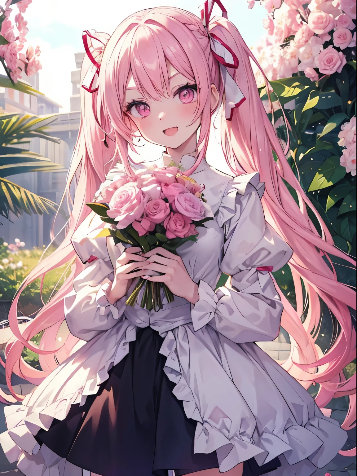 masutepiece, Highest Quality, (Perfect face:1.1), (high detailing:1.1), (ultradetailed eyes), Dramatic, superfine illustration, Extremely detailed,1girl in, (pale skin), Happy, Laugh, Enjoy, Cheerful,Open mouth,gloweyes,pinkhair, (long twintail),Ethereal eyes, pink eye,(light eyebrow),blush, Solo,Pouty lips,Cinematic lighting,Cowboy Shot, Looking at viewer, ta clothes, Pink and white,frilld, bow ribbon, Long sleeve,knee high socks, white backgrounid, holding a bouquet, flower garden