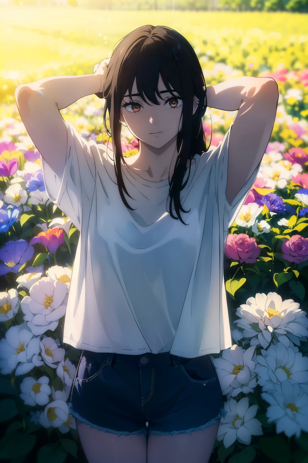 ((((Obra maestra, La mejor calidad, ultrahigh resolution)))), 1girl, standing, (baggy white t-shirt, loose fitting blue shorts, back hair, dark black hair over eye)), long hair cut, pale skin, ((brown eyes)), glowing_eyes, neon eyes, (ultra detailed eyes:0.7, beautiful and detailed face, detailed eyes:0.9), ((centered)), smile, ((wide shot)), facing viewer, (((vibrant background of outside, flowers, bright lighting, summer, sunlight))), flat chested, ((looking at viewer)), ((half closed eyes)), ((perfect hands)), ((head:1, hips, elbows, arms, in view)), empty eyes, beautiful lighting, defined subject, 25 years old, ((a very cool image)),