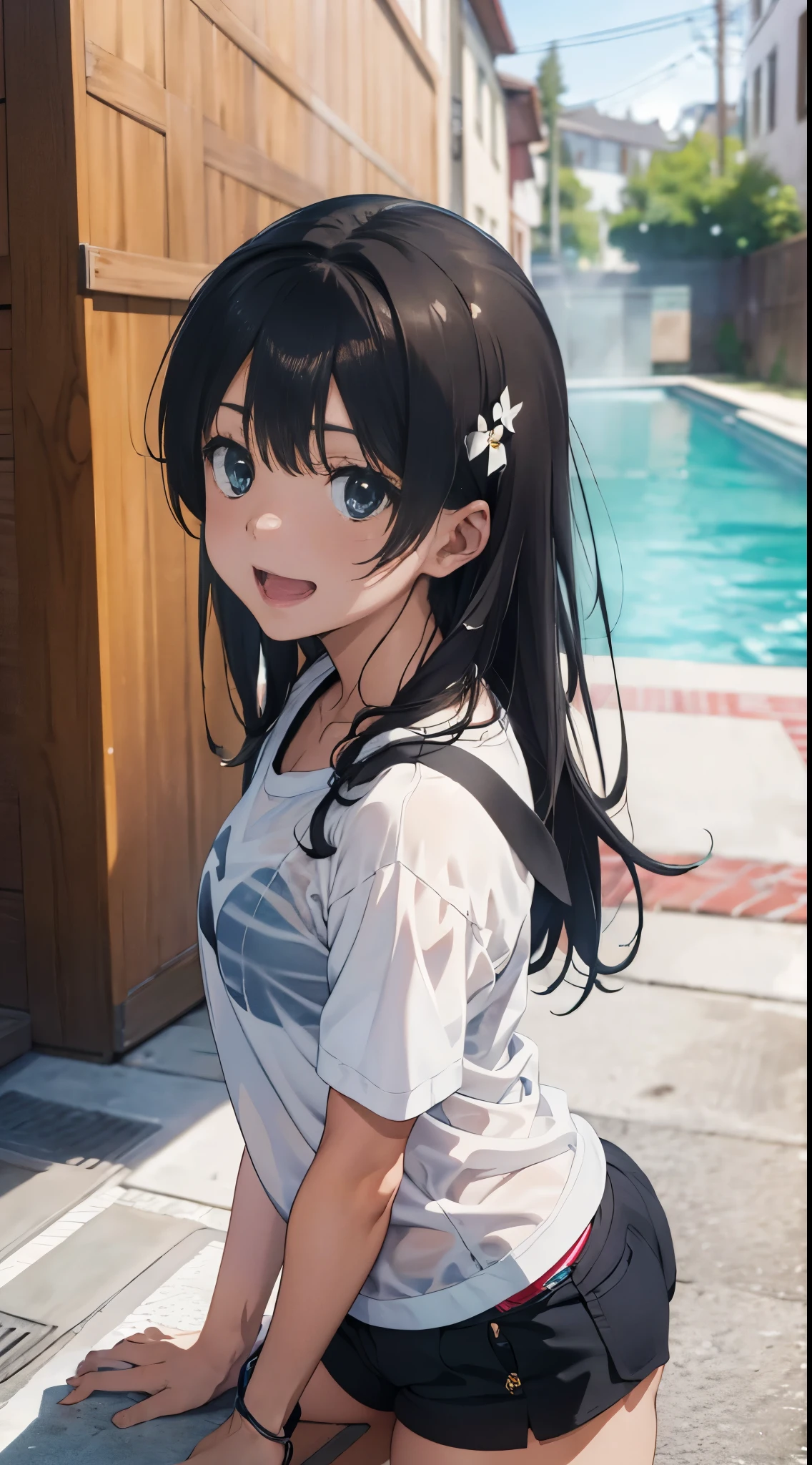(Official art、Best Quality、Unity 8k Wallpapers、32K、masterpiece、ultra-detailliert、超A high resolution、realisitic、Photorealsitic:1.2)、(Cinematic lighting:1.2)、Fireglow effect、The grainiest shadow of the film、Rim lighting、side lights、sideshot、(ultra-detailliertで複雑な3Dレンダリング)、Detailed beautiful face and eyes、A slender、Medium bust、(Full body:1.2)、 Highly detailed background、beauitful face、blurry backround、-yeld beiful girl、(ultra-detailliertなスキン、detailed skin textures:1.3)、A dark-haired、Hip Hop Cable、white short tee shirt、、(thighs thighs thighs thighs:0.8)、Knitted sandals、swimming pools、Smile with open mouth、、dynamicposes、(Nariko Saten),Blue eyes,black bikini and shorts