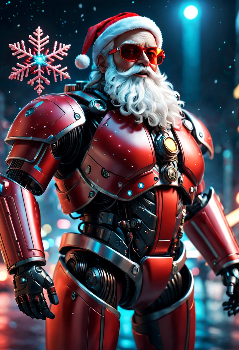 cybernetic Santa Claus, robotic arms with intricate details, futuristic exoskeleton suit, glowing red sunglasses, wear Christmas hat,metallic beard and hair, hovering with anti-gravity technology, neon lights illuminating the night sky, pixelated snowflakes falling, ultra-detailed, highres, HDR, physically-based rendering, sci-fi, vibrant colors, futuristic lighting,(best quality,4k,8k,highres,masterpiece:1.2),ultra-detailed,(realistic,photorealistic,photo-realistic:1.37).