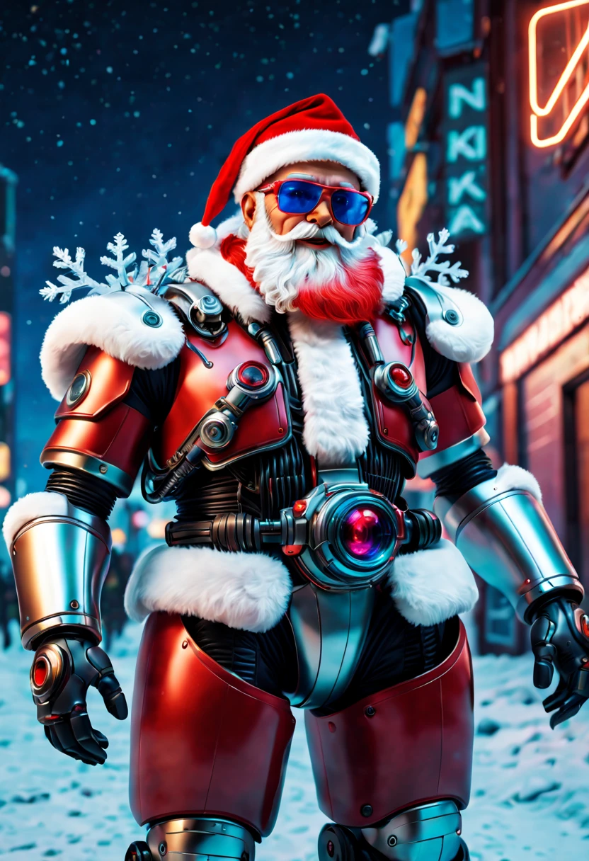 cybernetic Santa Claus, robotic arms with intricate details, futuristic exoskeleton suit, glowing red sunglasses, wear Christmas hat,metallic beard and hair, hovering with anti-gravity technology, neon lights illuminating the night sky, pixelated snowflakes falling, ultra-detailed, highres, HDR, physically-based rendering, sci-fi, vibrant colors, futuristic lighting,(best quality,4k,8k,highres,masterpiece:1.2),ultra-detailed,(realistic,photorealistic,photo-realistic:1.37).