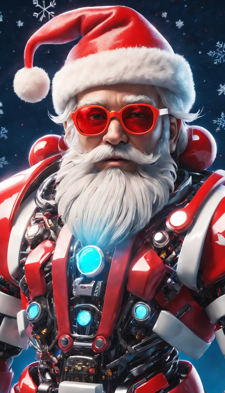 cybernetic Santa Claus, robotic arms with intricate details, futuristic exoskeleton suit, glowing red sunglasses, wear Christmas hat,metallic beard and hair, hovering with anti-gravity technology, neon lights illuminating the night sky, pixelated snowflakes falling, ultra-detailed, highres, HDR, physically-based rendering, sci-fi, vibrant colors, futuristic lighting,(best quality,4k,8k,highres,masterpiece:1.2),ultra-detailed,(realistic,photorealistic,photo-realistic:1.37).
