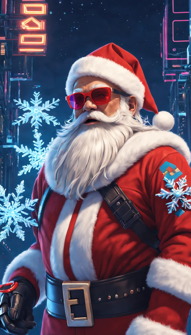 cybernetic Santa Claus, robotic arms with intricate details, futuristic exoskeleton suit, glowing red sunglasses, wear Christmas hat,metallic beard and hair, hovering with anti-gravity technology, neon lights illuminating the night sky, pixelated snowflakes falling, ultra-detailed, highres, HDR, physically-based rendering, sci-fi, vibrant colors, futuristic lighting,(best quality,4k,8k,highres,masterpiece:1.2),ultra-detailed,(realistic,photorealistic,photo-realistic:1.37).