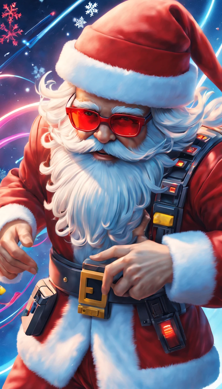 cybernetic Santa Claus, robotic arms with intricate details, futuristic exoskeleton suit, glowing red sunglasses, wear Christmas hat,metallic beard and hair, hovering with anti-gravity technology, neon lights illuminating the night sky, pixelated snowflakes falling, ultra-detailed, highres, HDR, physically-based rendering, sci-fi, vibrant colors, futuristic lighting,(best quality,4k,8k,highres,masterpiece:1.2),ultra-detailed,(realistic,photorealistic,photo-realistic:1.37).