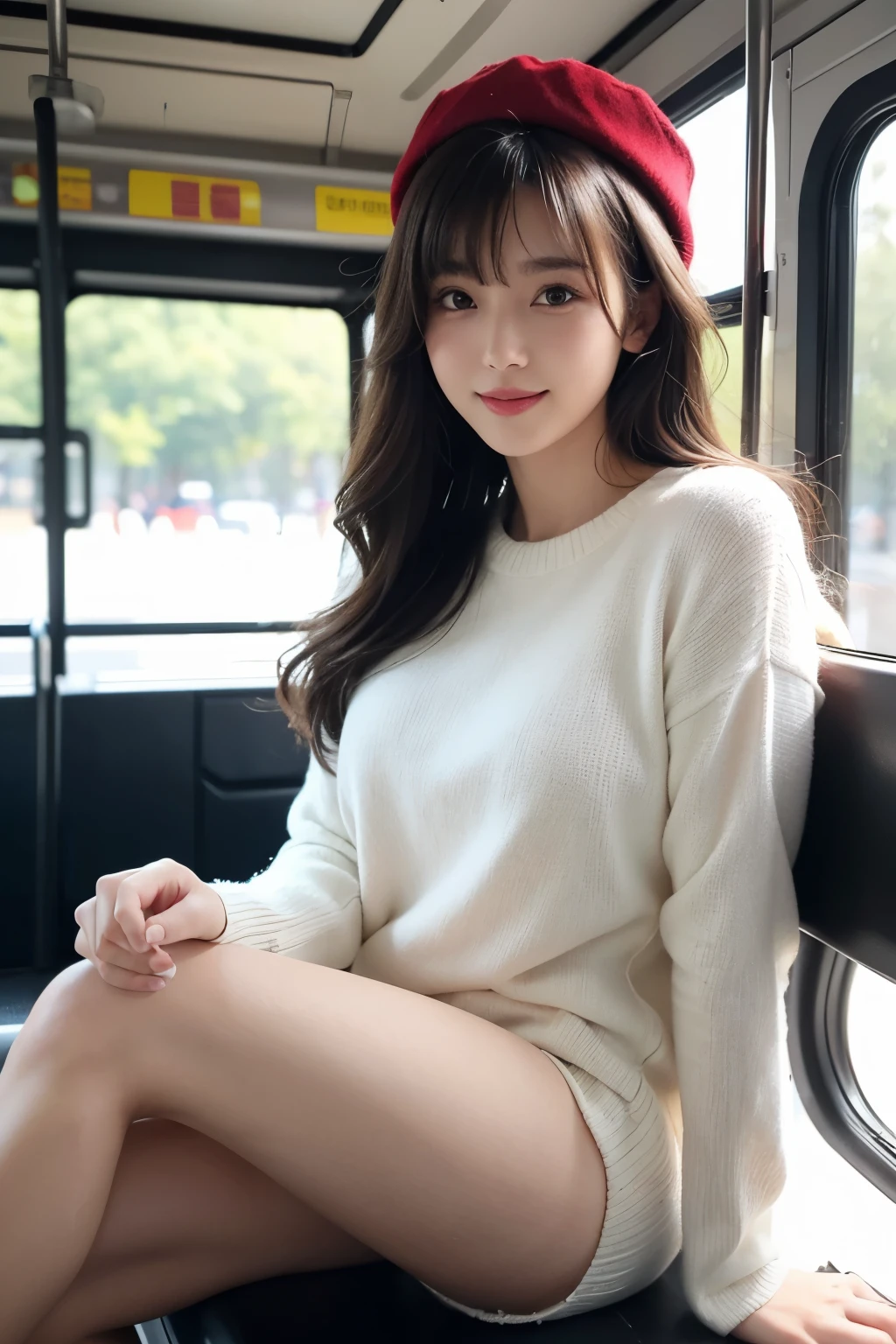(masutepiece:1.3), High resolution, ultra-detailliert, the Extremely Detailed CG Unity 8K Wallpapers, Realistic, photo-Realistic, Raw photo, beautifull detailed face, pale skin, Realistic skin, Detailed Cloth Texture, detailed hair texture, perfectly proportions, Beautiful face, 准确, Anatomically correct, Highly detailed face and skin texture, Natural neck length, (beautiful hand air skin:1.2), thin legs, Thin feet, Detailed eyes, Symmetrical eyes, Light brown eyes, Double eyelids, Thin eyebrows, (Glossy lips:1.4), (Goddess smile:1.2),
BREAK,
(Classy and cute girl:1.3),
(medium large breasts), (Slender figure:1.2),
(dark brown hair, Wavy Hair), ((Long hair, asymmetrical bangs:1.2)), (upperbody shot:1.2),
(On the bus: 1.2),bus guide、natta、cold winter season、Winter fashion、outer、Hats、Red sweater、Meru