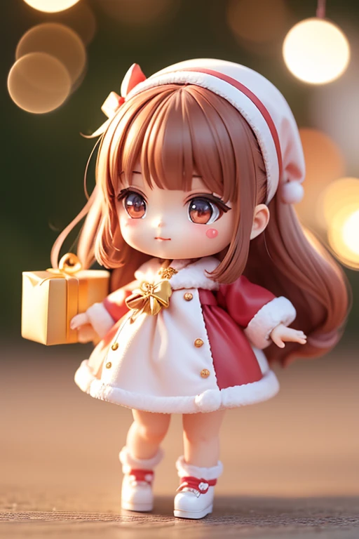 Una pegatina、Notch line on the outside of the sticker.、A sticker with Santa Claus happily carrying gifts.、Santa Claus is a pretty girl、Chibi doll、estrellas en los ojos(Kirakira)、Ojo hacia arriba、Cabello largo y negro、laugh、Linda chouconitida roja, Ultra detalle, Luz radiante、Bio luminiscente、tomado de un lado、Stronger bokeh effect