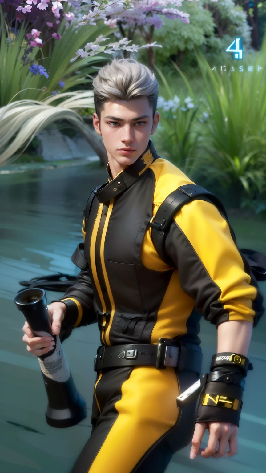 masculine male, masterpiece, ((perfect eyeest quality, (semirealism:1.9), beautiful lighting, (extremely detailed CG unity 4k fhd wallpaper), High Detail, Sharp focus, dramatic outdoors, 1 boy ,19 years old, white hair, light purpel eyes.