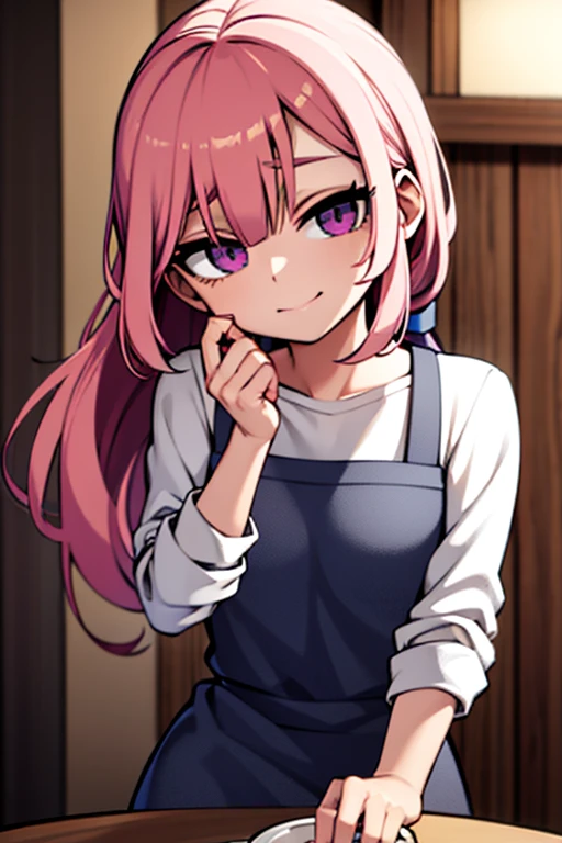 a pink haired woman with violet eyes is holding a cake in a christmas apron