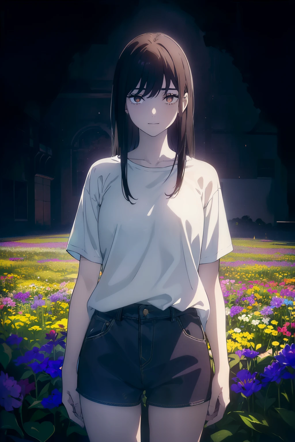 ((((Obra maestra, La mejor calidad, ultrahigh resolution)))), 1girl, standing, (baggy white t-shirt, loose fitting blue shorts, back hair, dark black hair over eye)), long hair cut, pale skin, ((brown eyes)), glowing_eyes, neon eyes, (ultra detailed eyes:0.7, beautiful and detailed face, detailed eyes:0.9), ((centered)), smile, ((wide shot)), facing viewer, (((vibrant background of outside, LSD flowers, bright lighting, darkness))), flat chested, ((looking at viewer)), ((half closed eyes)), ((perfect hands)), ((head:1, hips, elbows, arms, in view)), empty eyes, beautiful lighting, defined subject, 25 years old, ((a very cool image)),