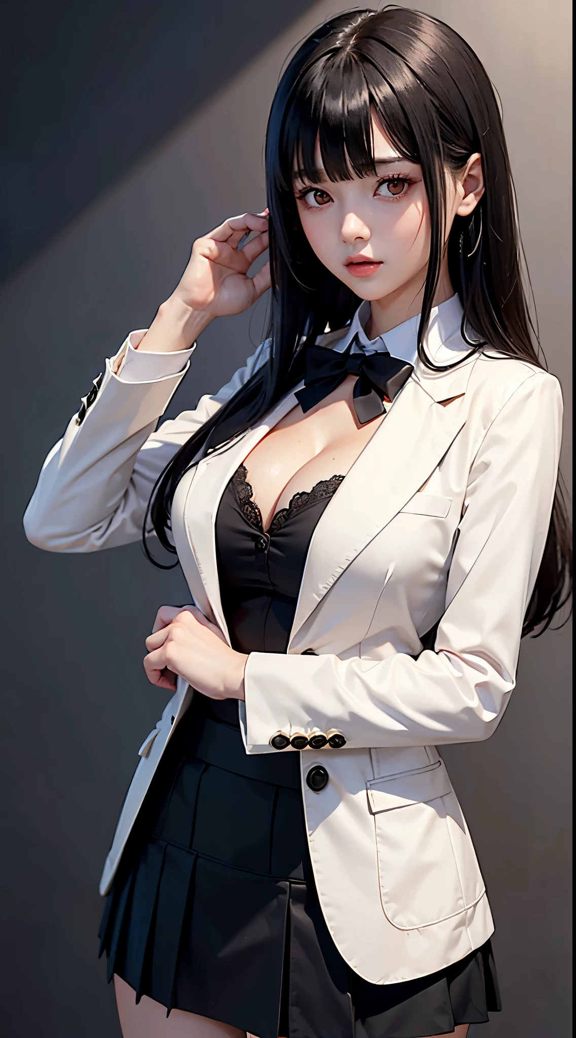 ((Best Quality)), ((masutepiece)), (Detailed), (highlight), Perfect face　Young girl with detailed face showing cleavage、Red eyes and long, thick, glossy, beautiful black hair with blunt bangs、Single-color background、Standing wearing school uniform with blazer and miniskirt、