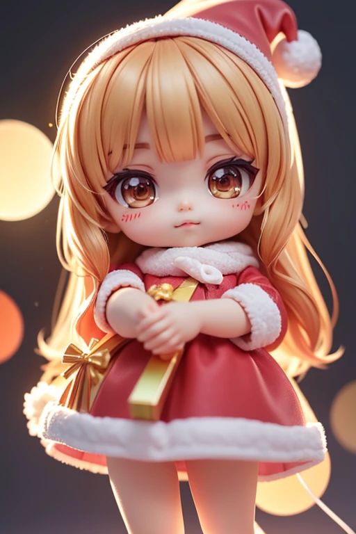 Una pegatina、Notch line on the outside of the sticker..、A sticker with happy Santa Claus carrying gifts..、Santa Claus is a pretty girl、Chibi doll、estrellas en los ojos（Kirakira）、Ojo hacia arriba、cabello largo y negro、laugh、Linda chouconitida roja, Ultra detalle, luz radiante、bioluminiscente、tomado de un lado、Stronger bokeh effect
