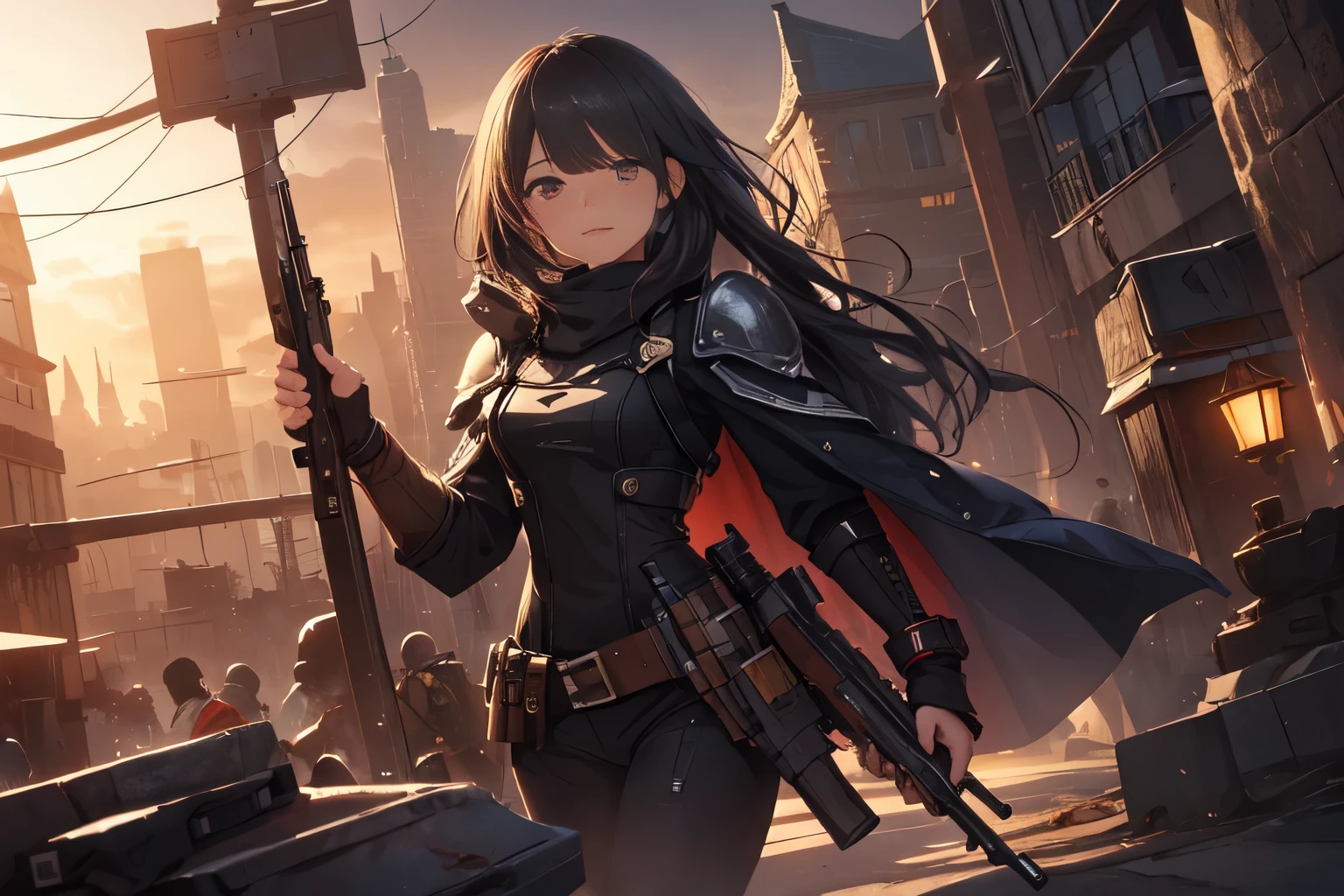 (masterpiece}, {hight resolution}, {Good anatomy}, (top-quality), (extremely delicate and beautiful), (8k cg wallpaper), (illustratio), 1 girl in, shoot a huge gun、Cry of madness、combat protector, grenades fly