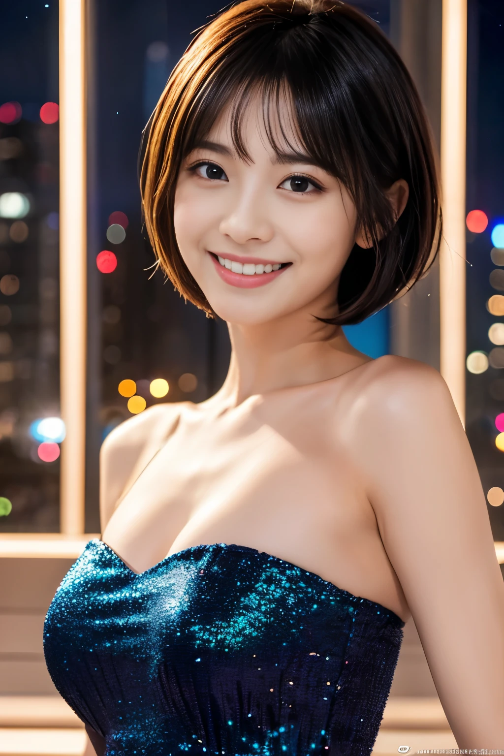 Glittering night view、sexy dress、Provocative smile、short-haired、Beautiful Japan actress、sakimichan、cinematric light， realisticlying， tmasterpiece， best qualtiy， Complex CG，Highly detailed face，High detail eyes，