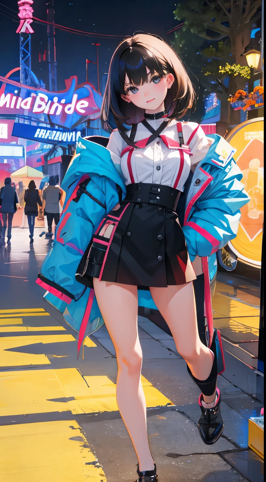 full bodyesbian，(child)，（​masterpiece，Highest Quality），a miniskirt，A dark-haired，An amusement park