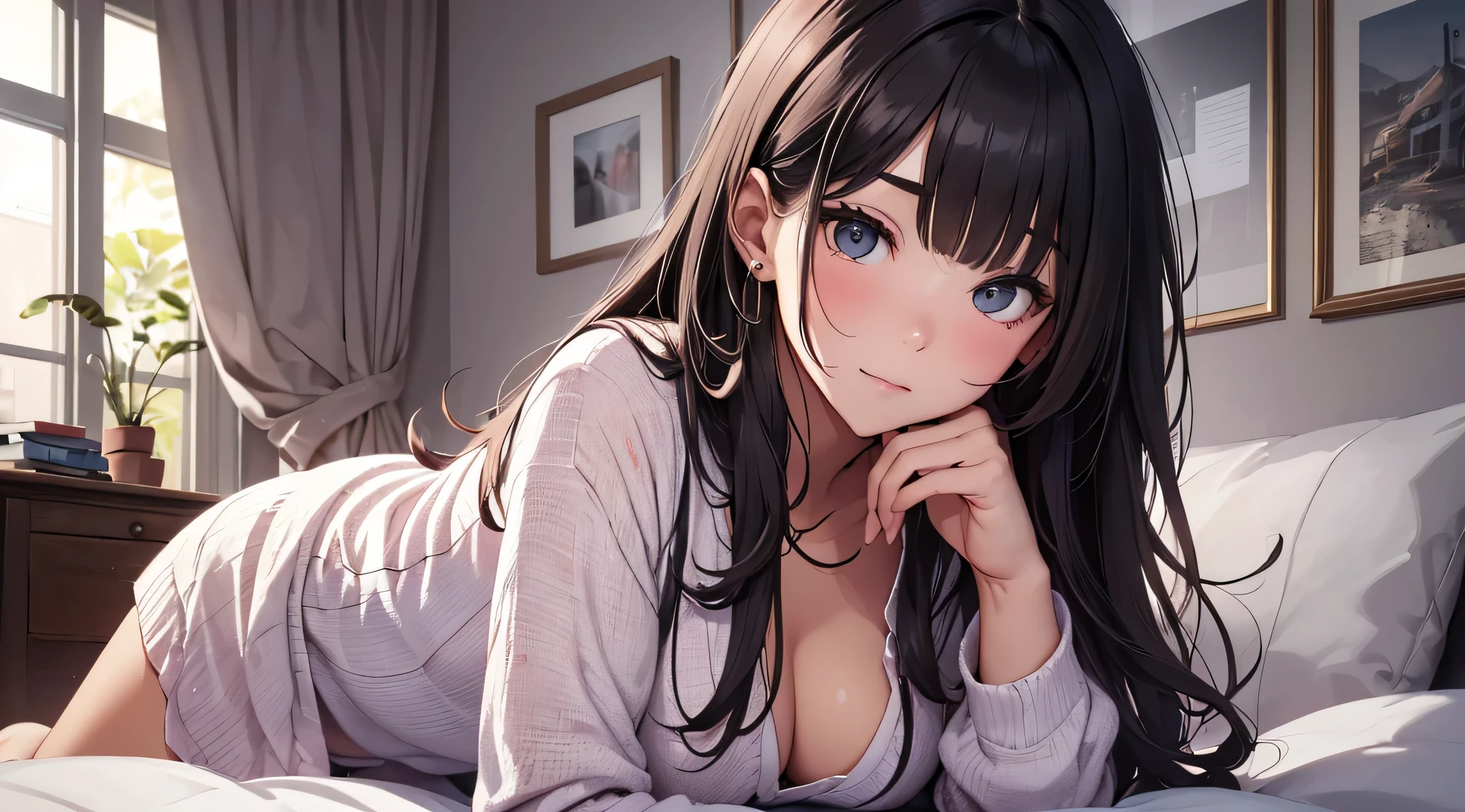 top-quality、Top image quality、​masterpiece、Teenage girl((Black pajamas、18year old、 Ager、Best Bust、big bast,Black eyes, Black hair、A slender,Large valleys、Gal style、床futon beddingの上で寝そべる、embarassed face、dye one's cheeks red、all-fours、dishevled hair)),hiquality、Beautiful Art、Background with((Nice and clean room.、futon bedding、animal stuffed、pink walls))​masterpiece、depth of fields,Cinematic style