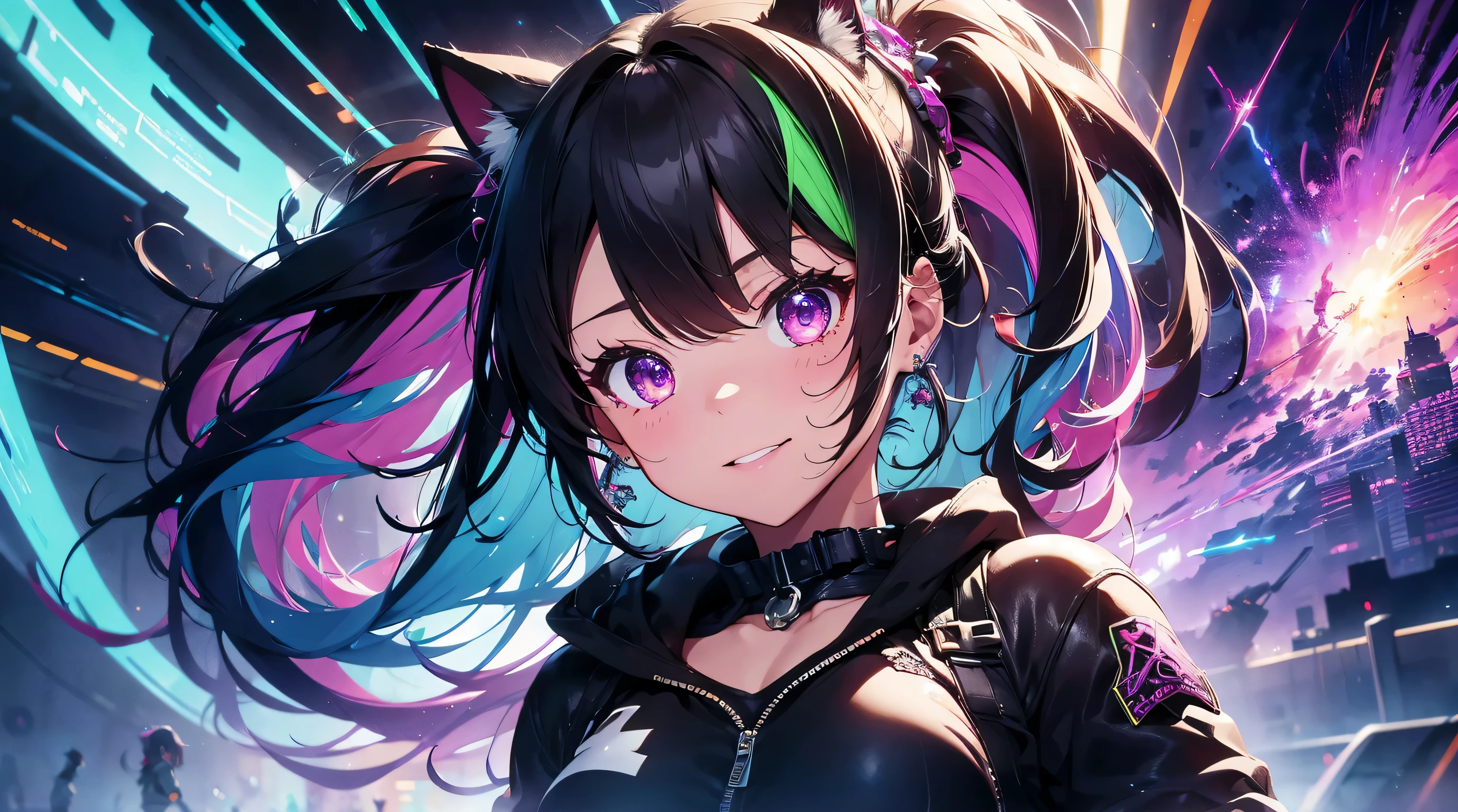 cute face, extreme abs, cute face, extreme abs, rainbow hair, intricate details, city, cyberpunk, lightning, cityscape, smiling, long hair, beautiful girl, jewlery, neon green hair, cat ears, highly-detailed, perfect face, purple eyes, lips, raining, tall, make up, zero gravity, planets space glowing powerballs, cosmic fuzzy style, zero gravity, magical ribbons, power display,cyberpunk outfit, s, jewlery, quantum balls of power and light, detailed, fractal sky, lightning,