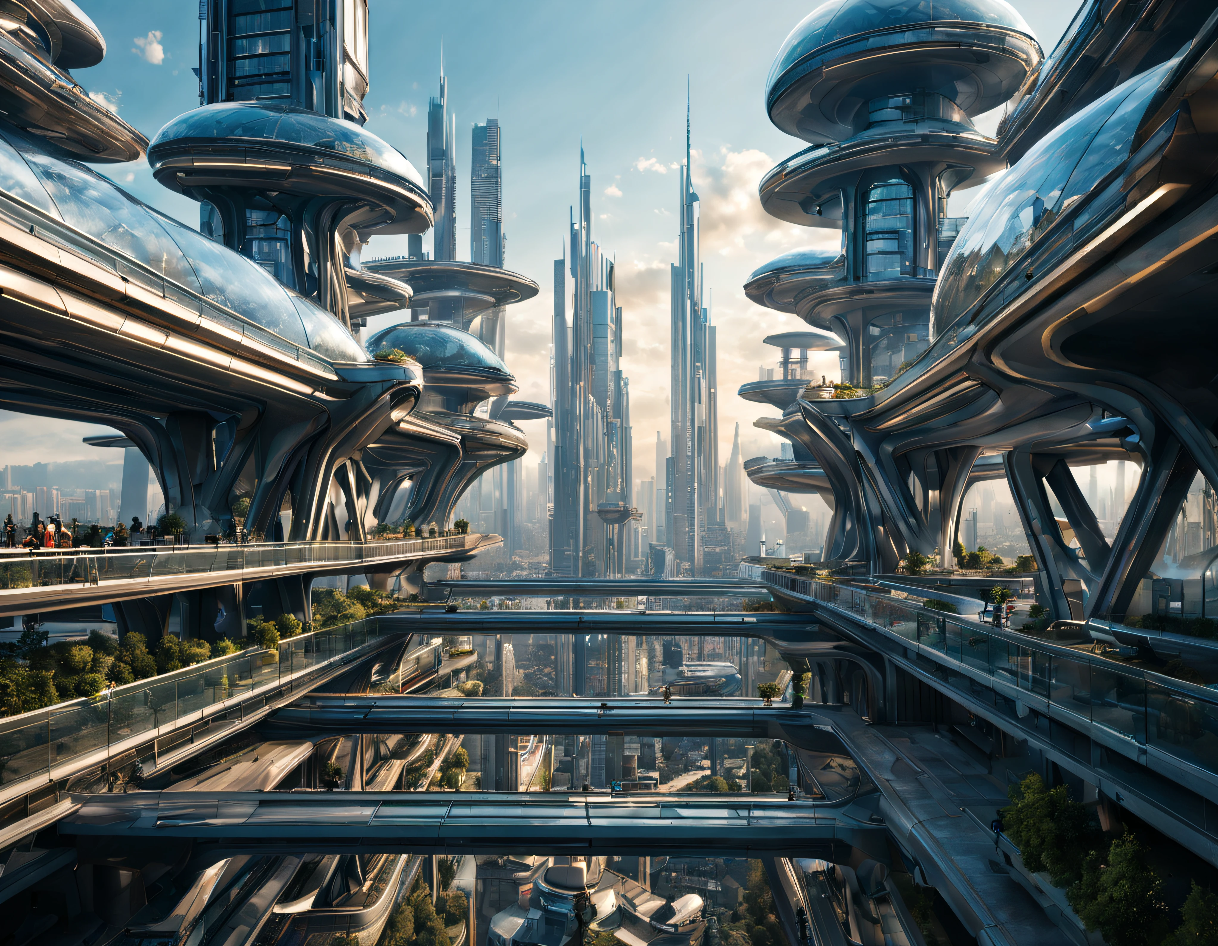 vista desde una terraza de una ciudad futurista, con inmensos edificios metalicos, grandes bovedas acristaladas, puentes de union entre edificios, terrazas y ventanas iluminadas, todo parecido a la ciudad futurista de la pelicula tomorrwland, intrincados detalles de la maquina de la mas alta calidad, estilo cinematografico, nitidez absoluta, imagen 8k.(obra maestra).