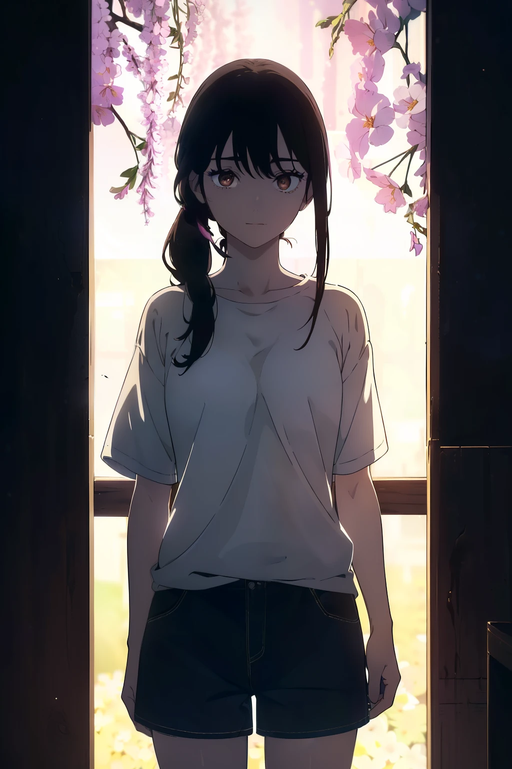 ((((Obra maestra, La mejor calidad, ultrahigh resolution)))), 1girl, standing, (baggy white t-shirt, loose fitting blue shorts, long back hair, long dark black hair, pale skin, ((brown eyes)), glowing_eyes, neon eyes, ((ultra detailed eyes:0.7, beautiful and detailed face, detailed eyes:0.9)), ((centered)), smile, (wide shot), facing viewer, (((vibrant background of outside, LSD flowers, bright lighting, darkness))), flat chested, ((looking at viewer)), ((half closed eyes)), ((perfect hands)), ((head:1, hips, elbows, arms, in view)), empty eyes, beautiful lighting, defined subject, 25 years old, ((a very cool image)),